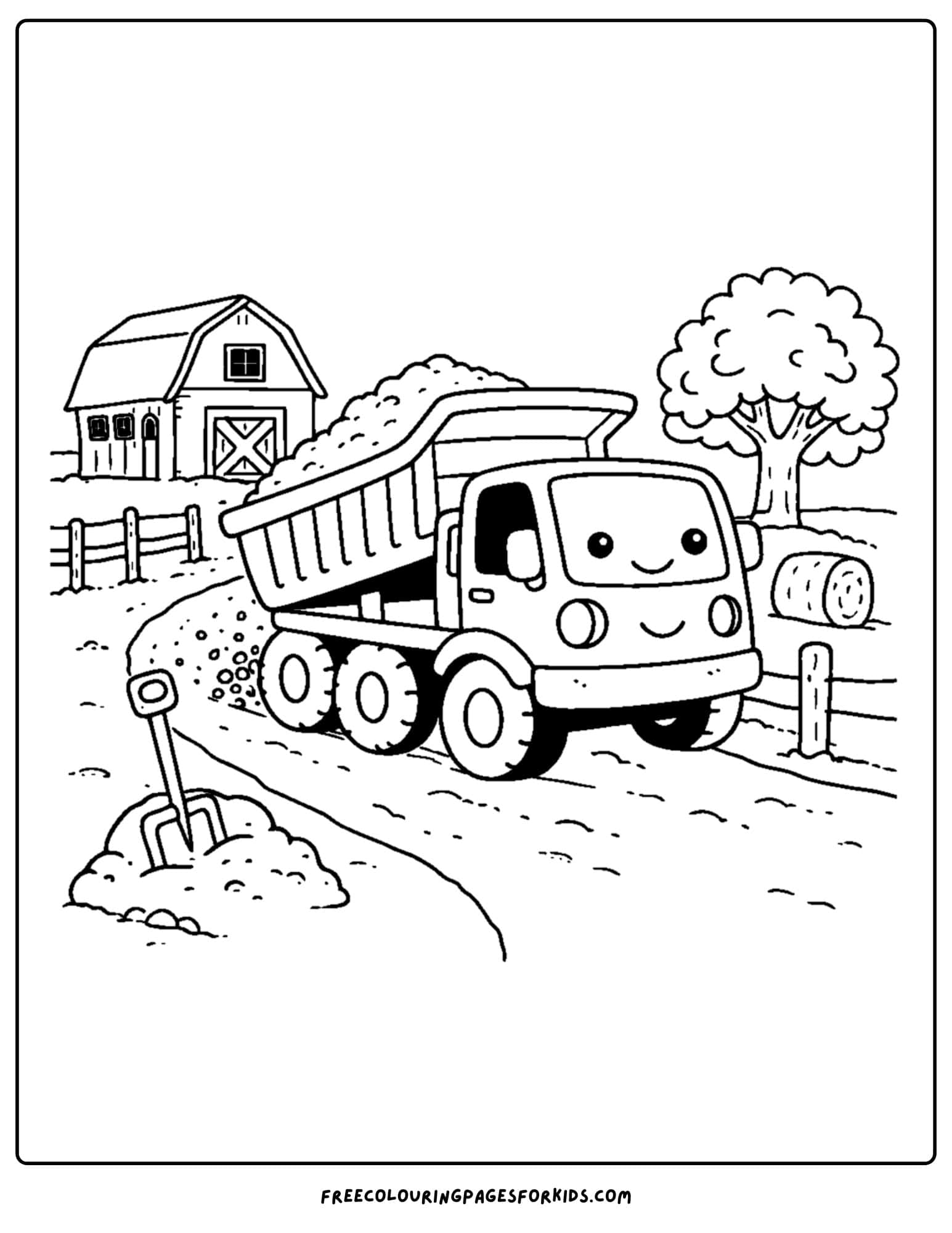 a coloring page of a dump truck deliverying gravel to a farm