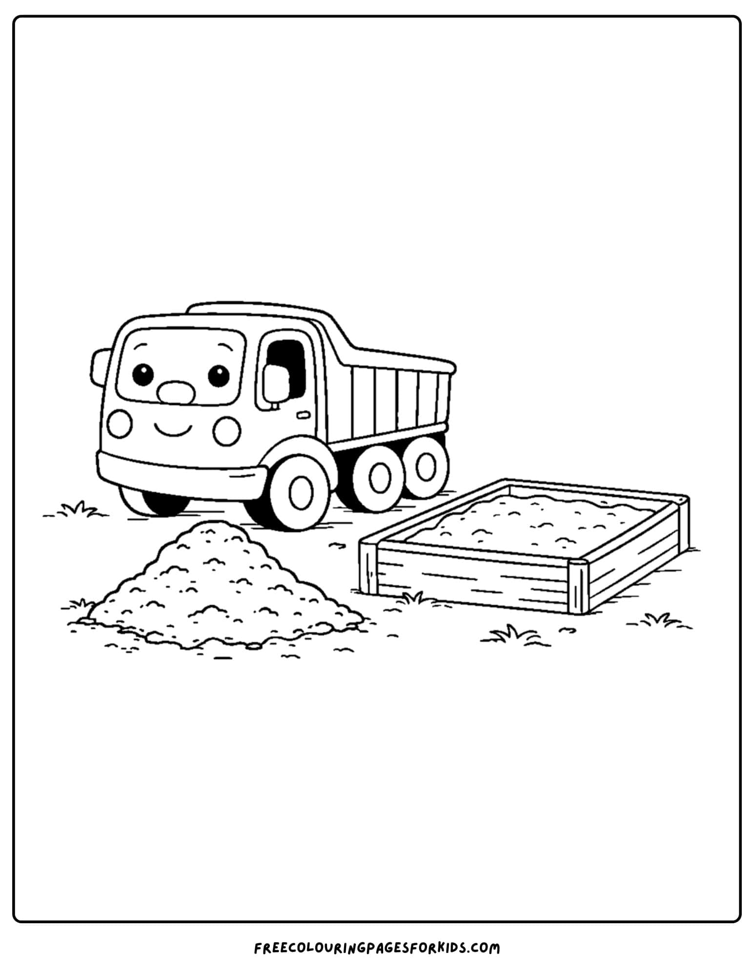 a coloring page of a dump truck delivering soil for a garden