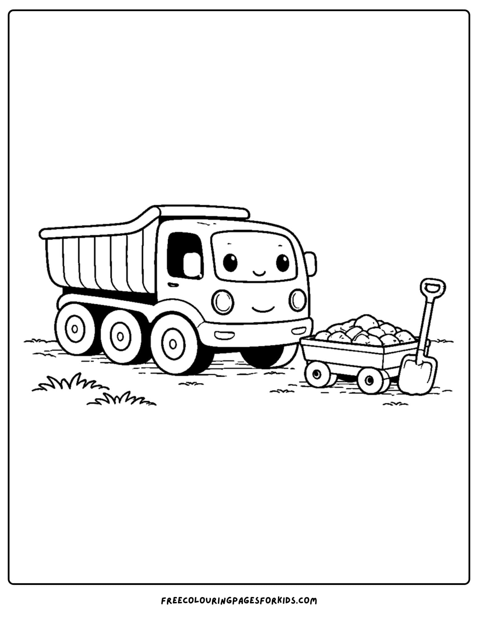 a coloring page of a dump truck parked next to a wagon