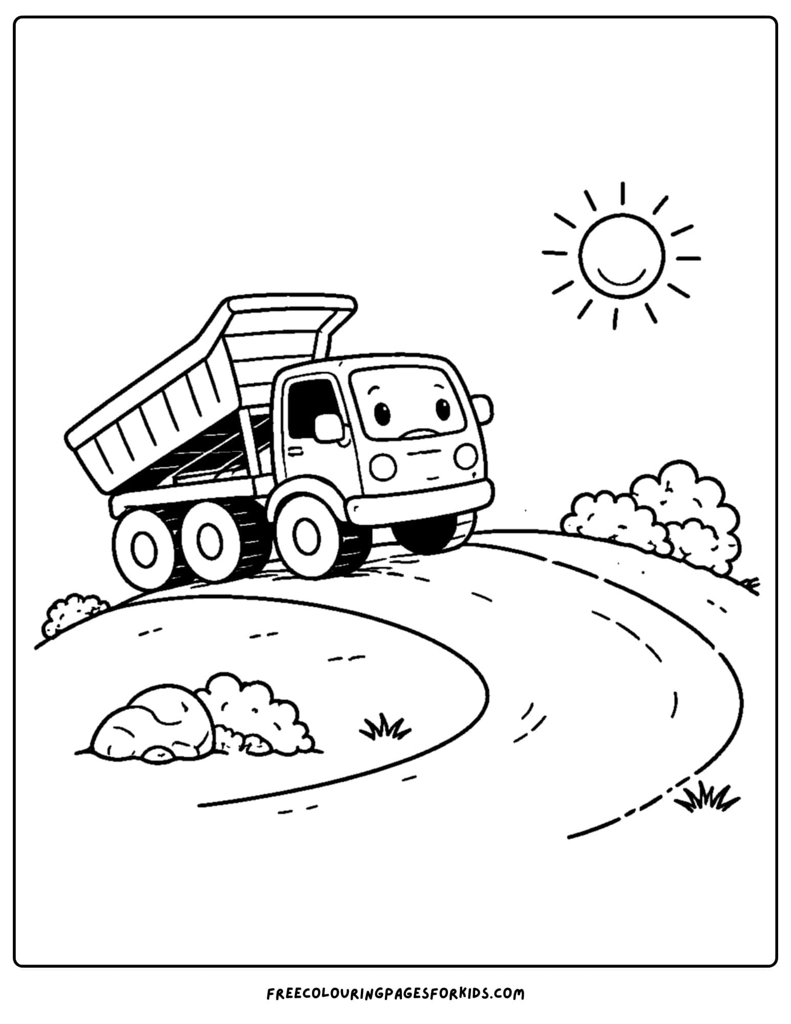 a coloring page of a dump truck driving up a hill