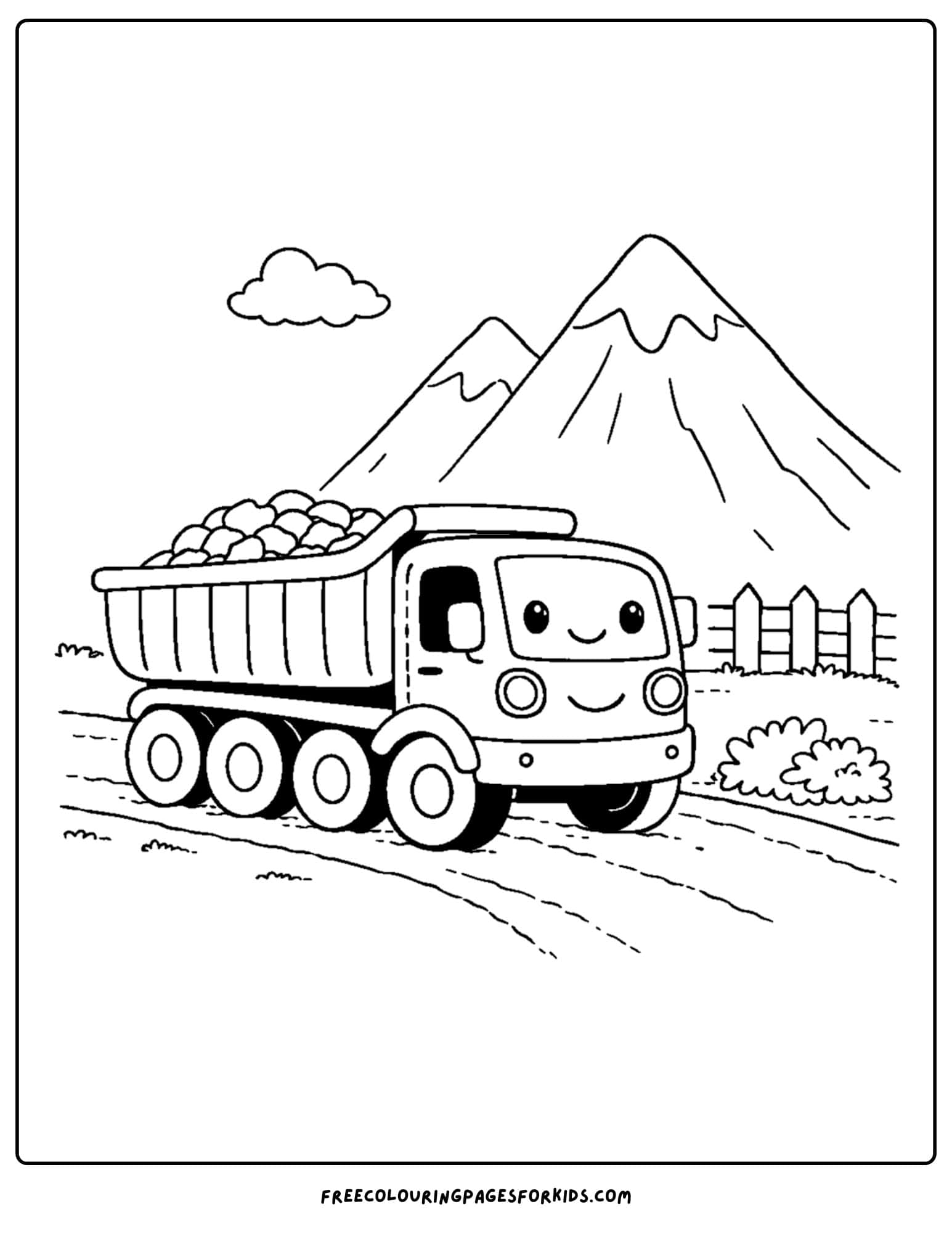 a coloring page of a dump truck driving past mountains