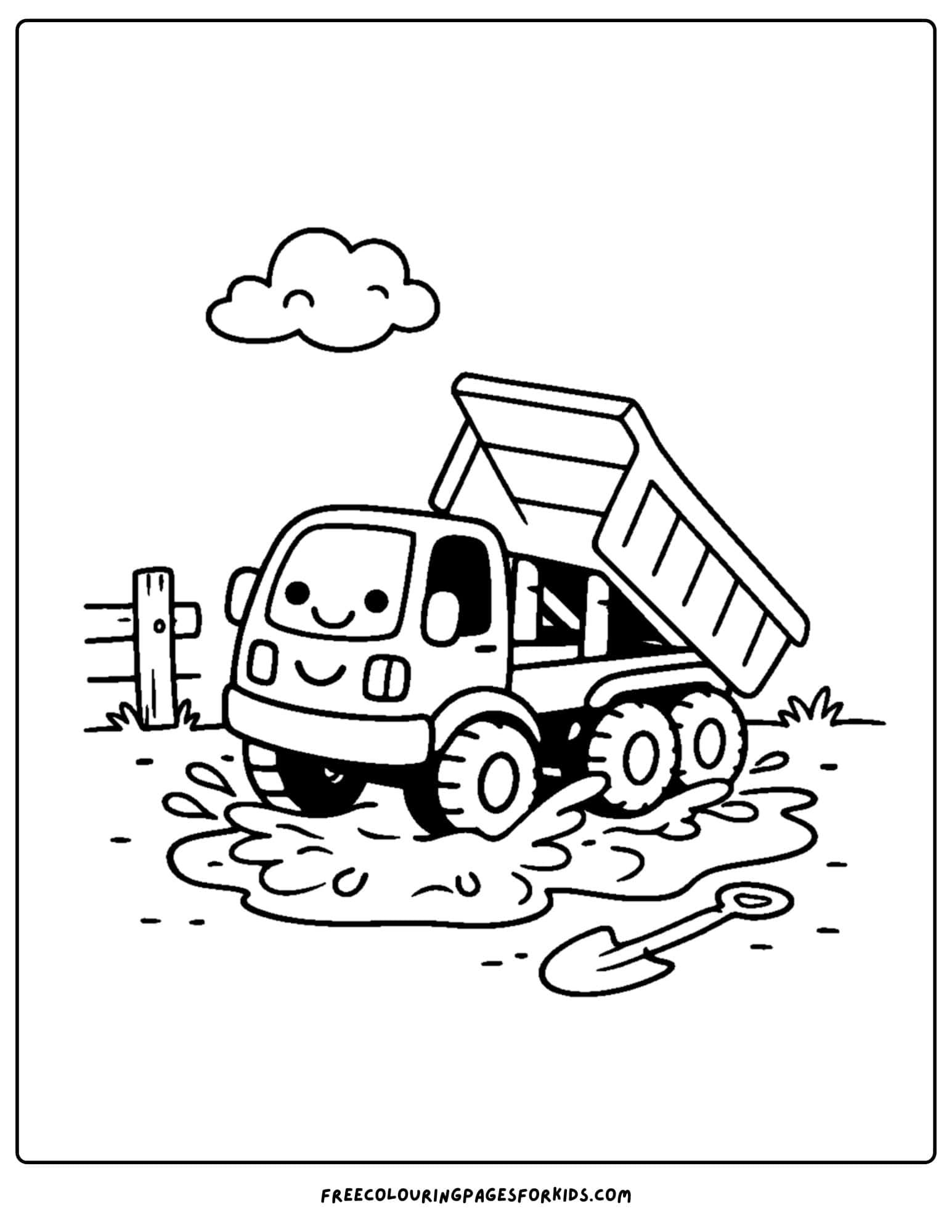a coloring page of a dump truck in a muddy puddle