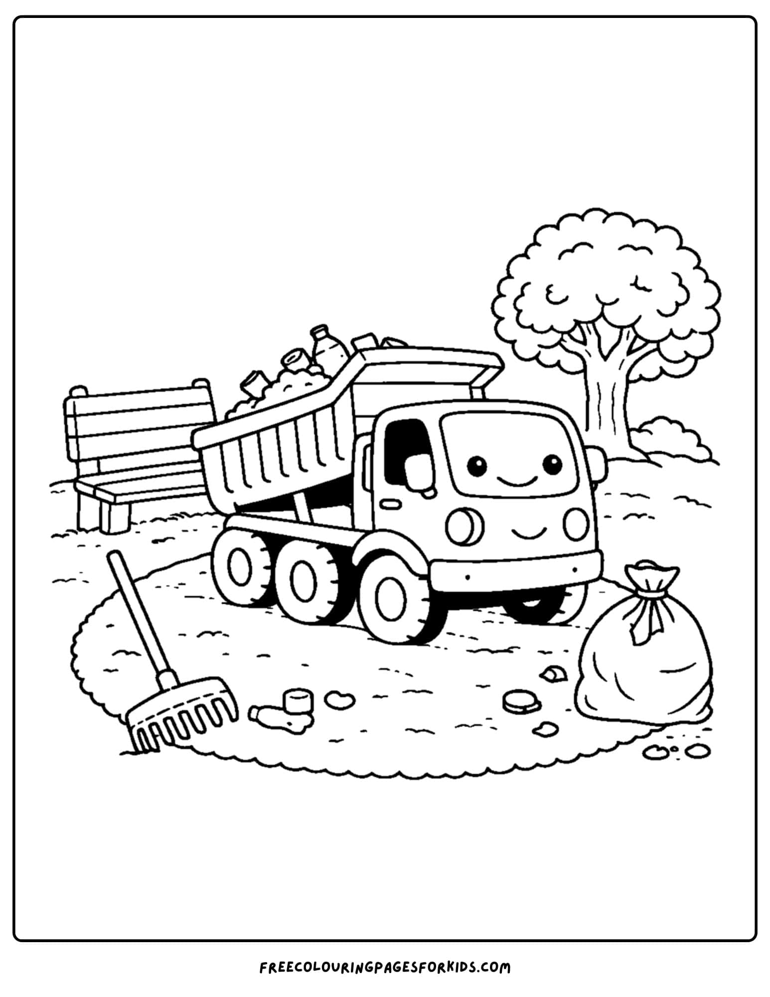 a coloring page of a dump truck in a park being loaded up with rubbish