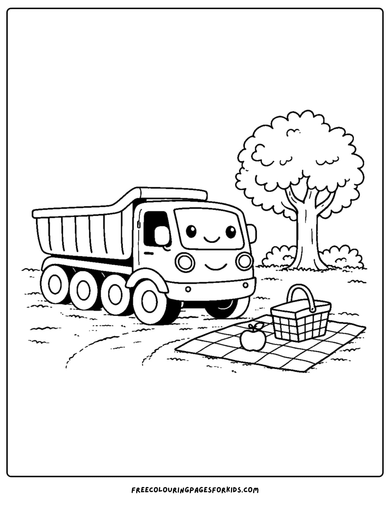 a coloring page of a dump truck stopped at a picnic spot