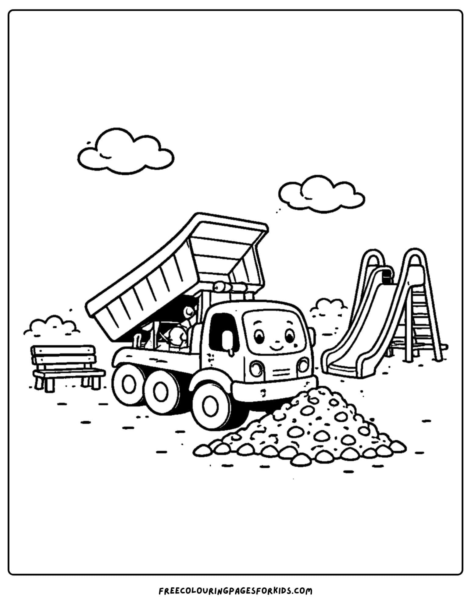 a coloring page of a dump truck delivering to a playground
