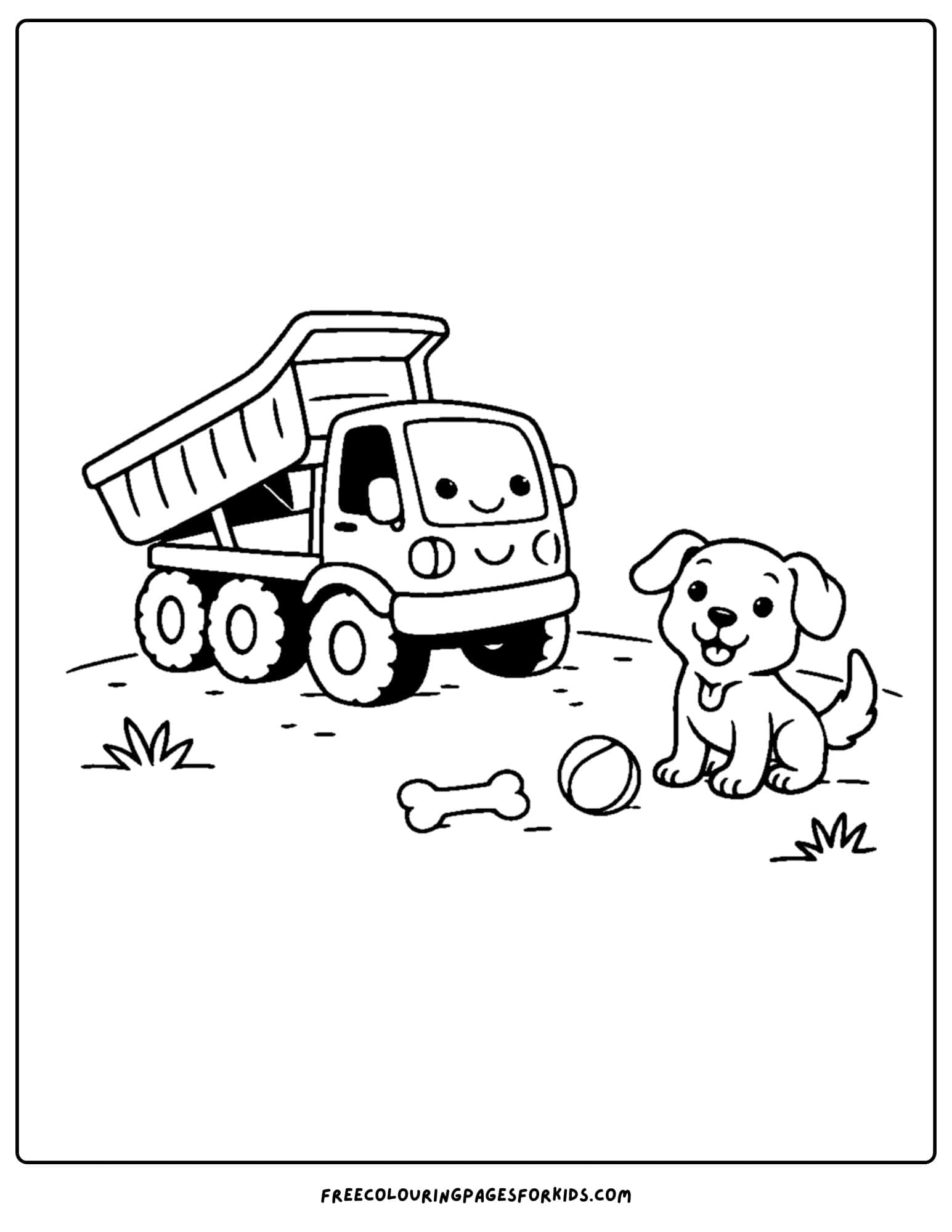 a coloring page of a dump truck parked with a puppy