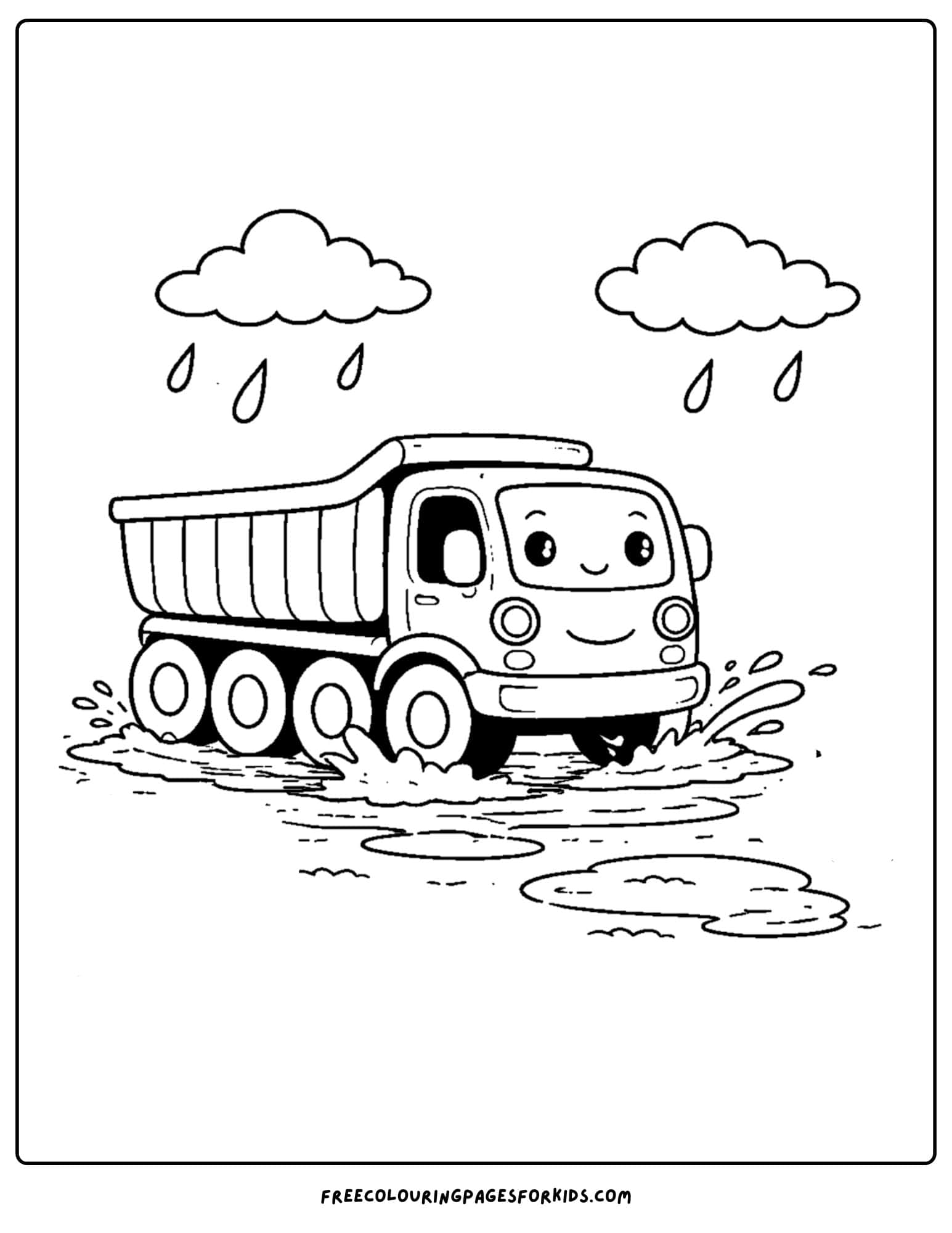 a coloring page of a dump truck driving through rain and puddles