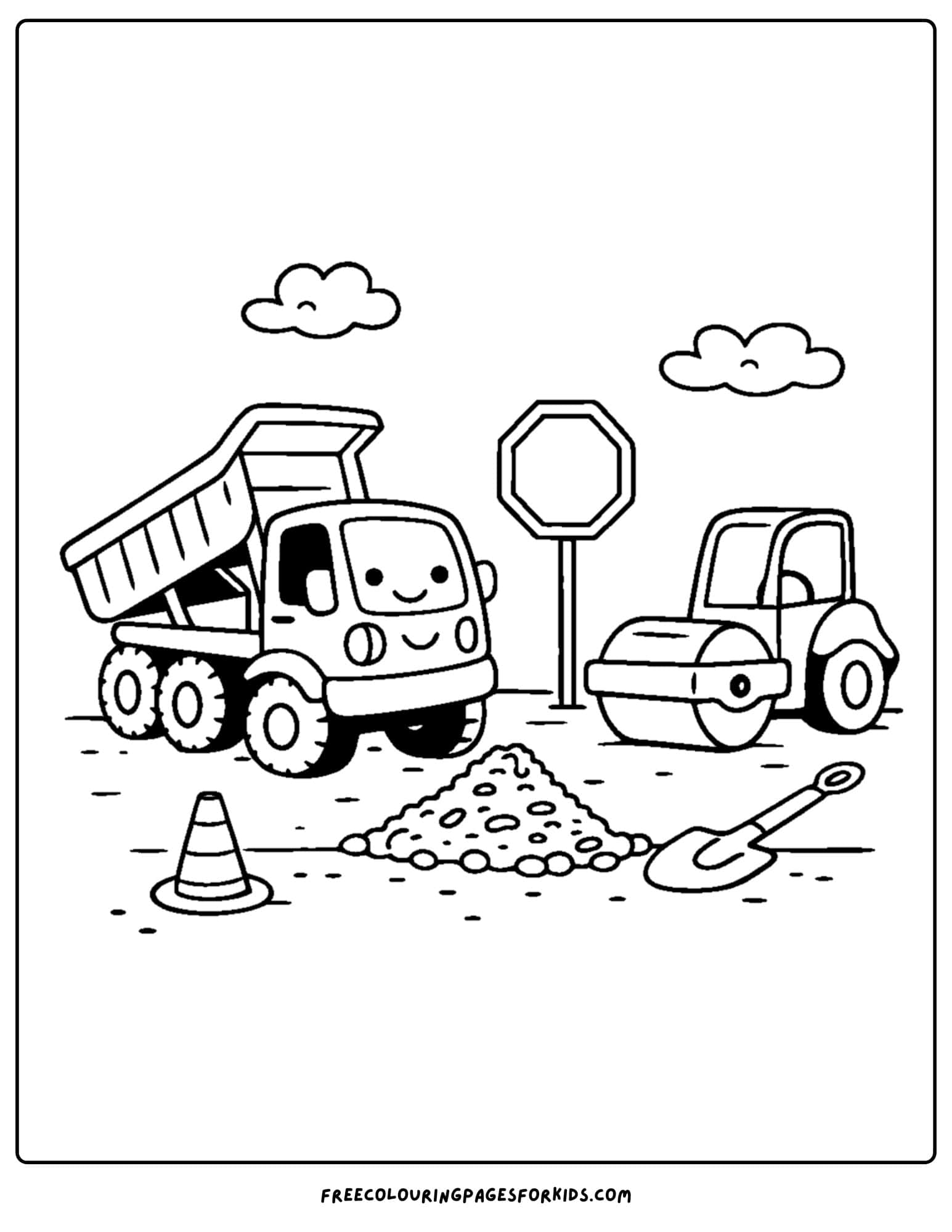 a coloring page of a dump truck helping with road work