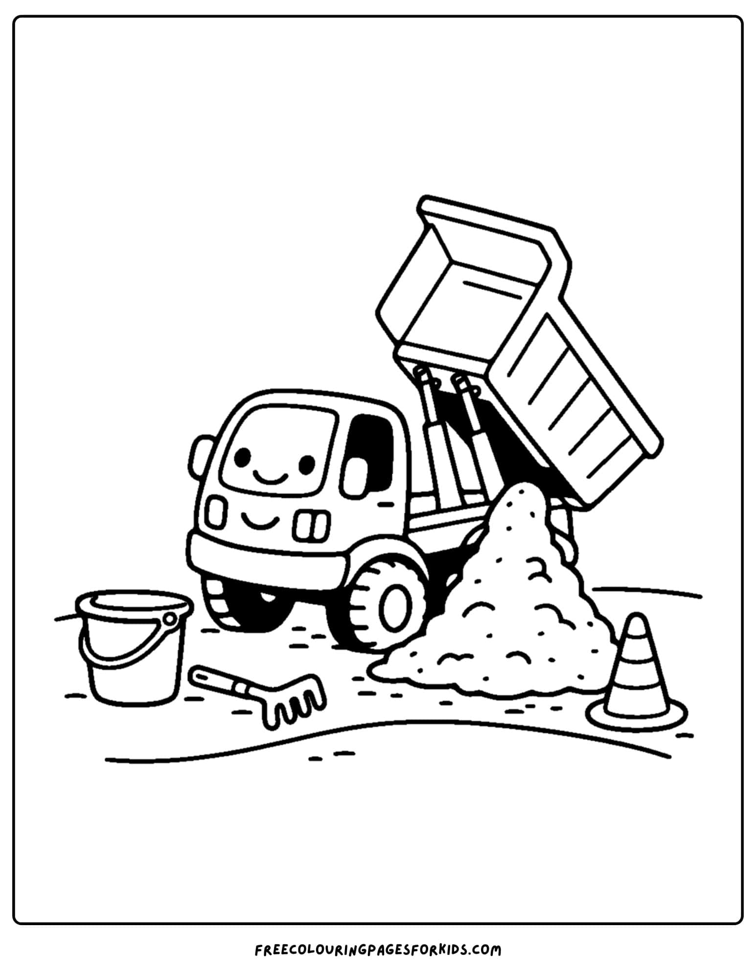 a coloring page of a dump truck parked next to a pile of dirt
