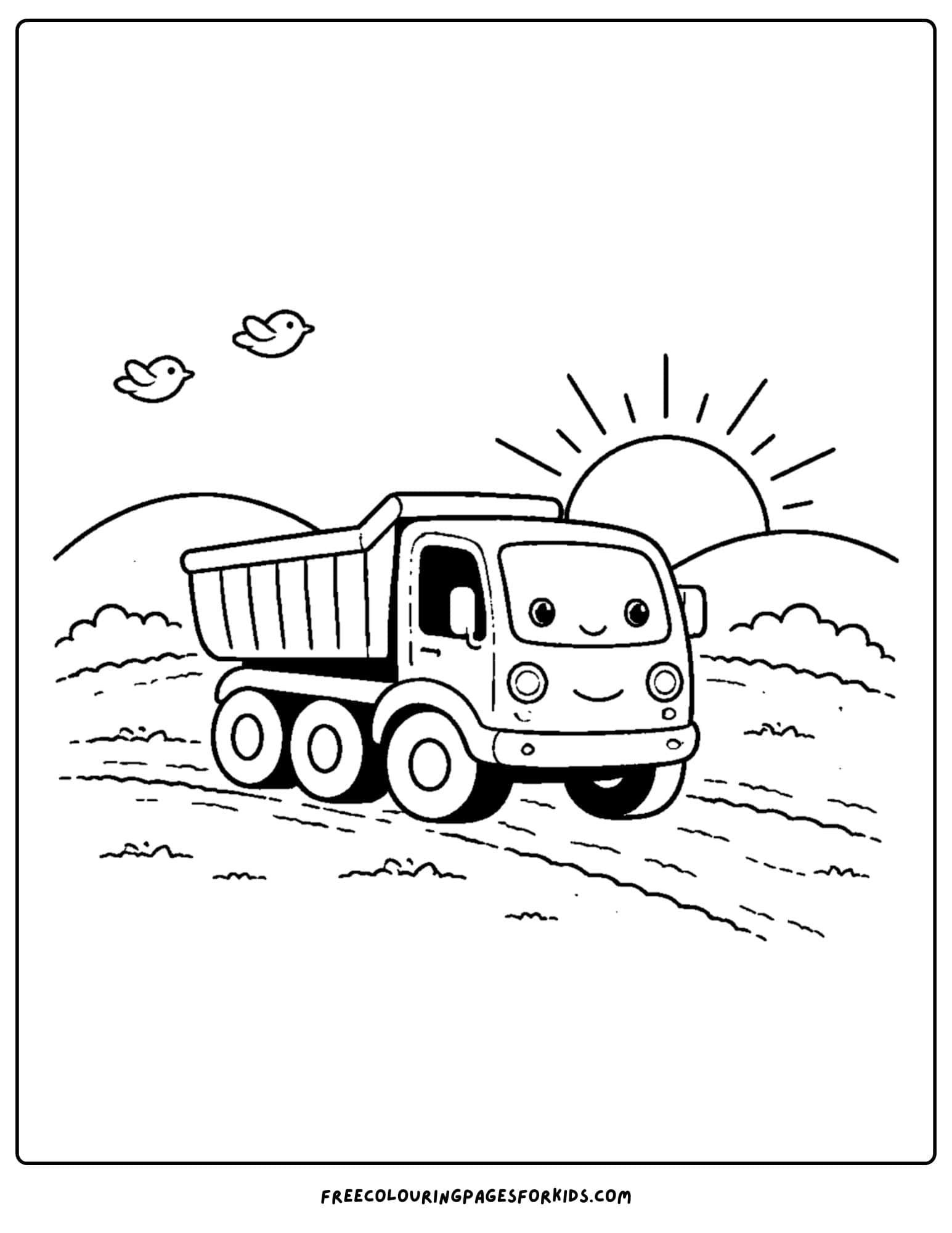 a coloring page of a dump truck driving along at sunrise