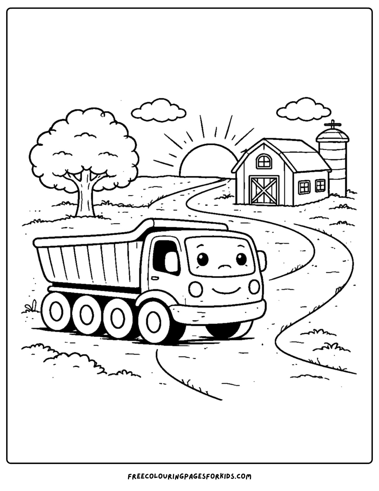 a coloring page of a dump truck parked on a farm at sunset