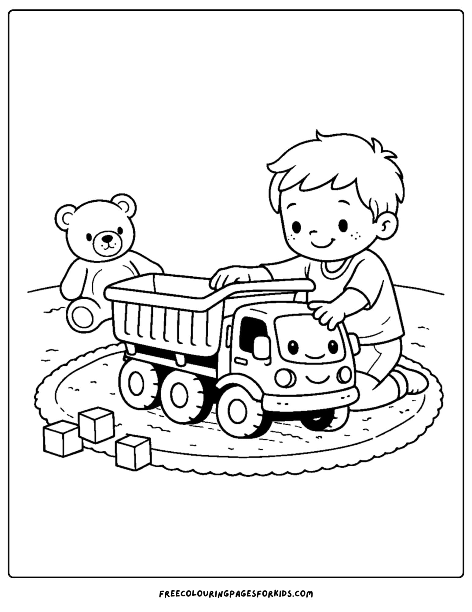 a coloring page of a dump truck toy being played with by a child