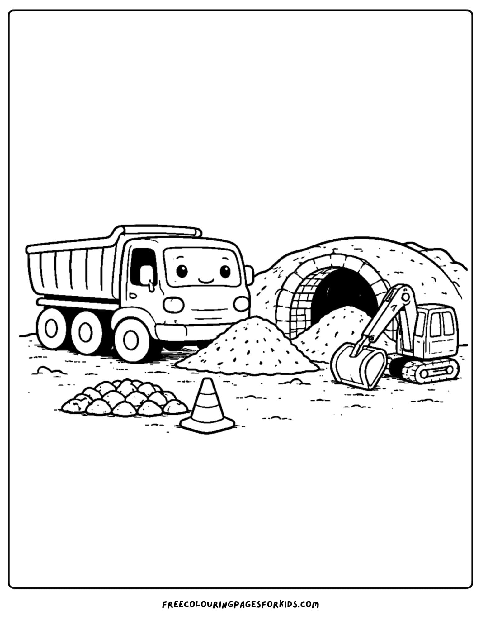 a coloring page of a dump truck parked at a tunnel ready to haul away dirt