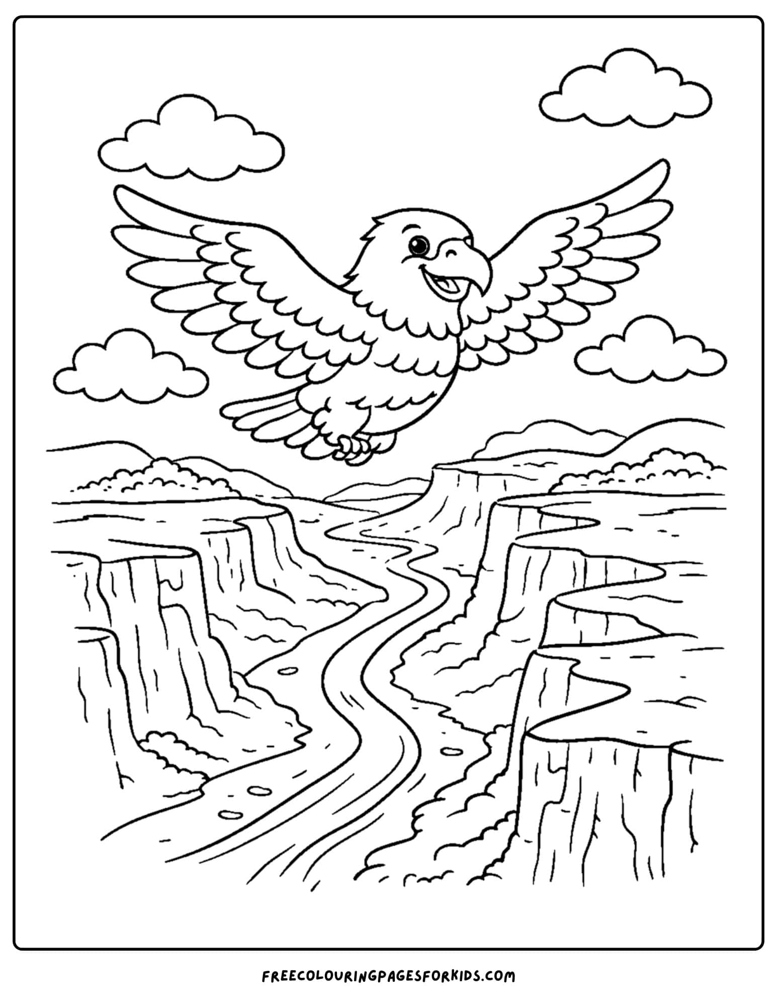 an eagle coloring page showing an eagle soaring over a canyon