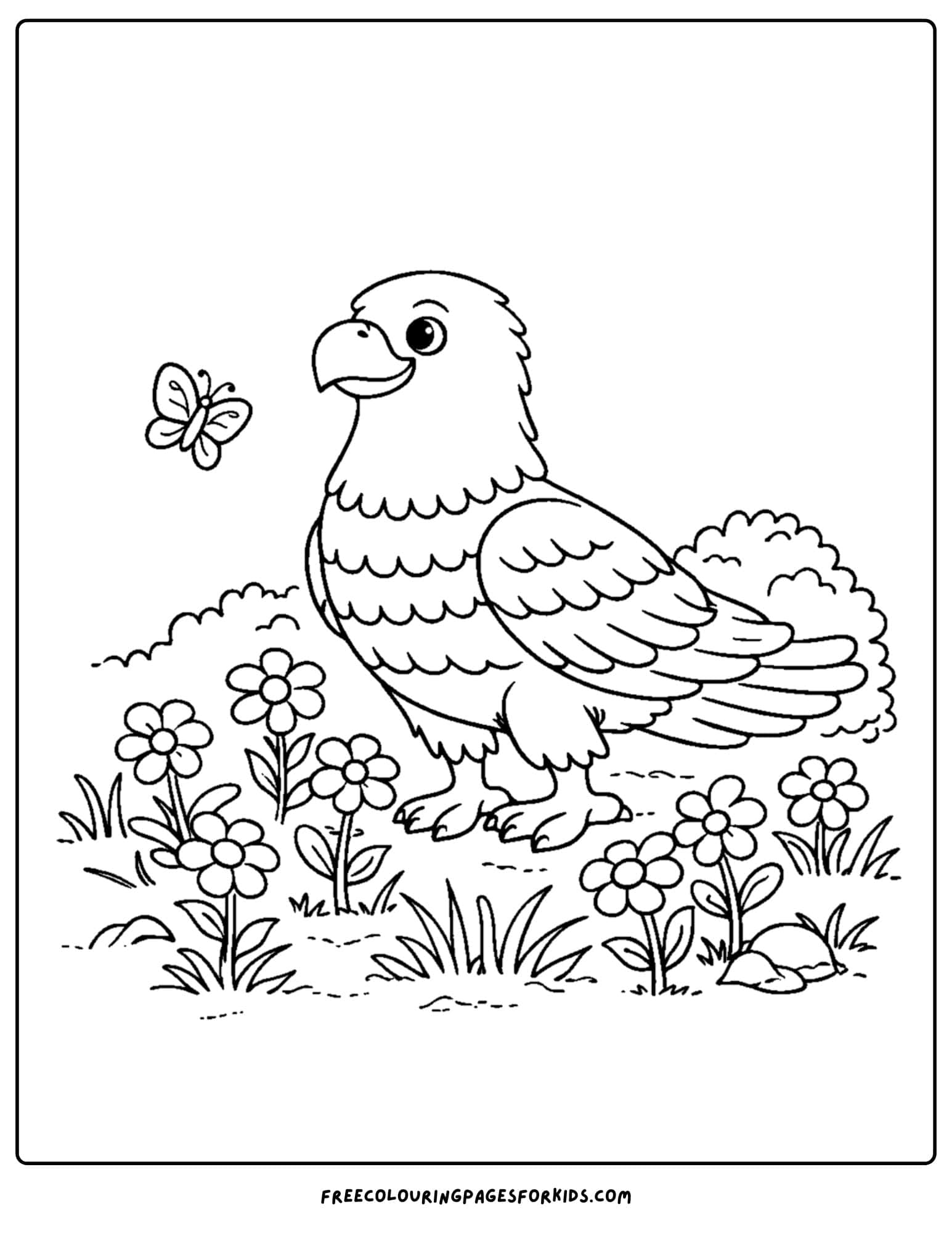 an eagle coloring page showing an eagle amongst wildflowers