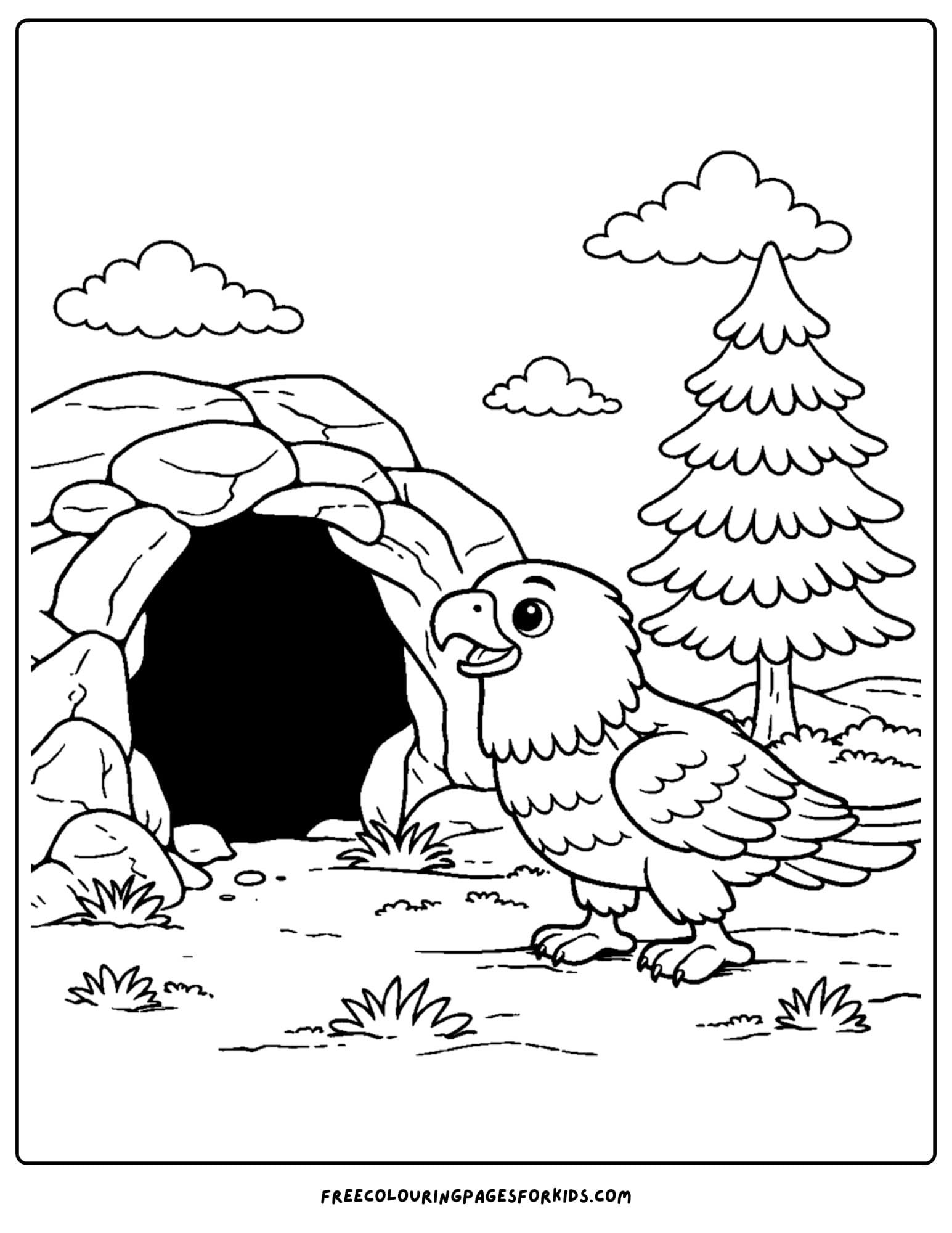 an eagle coloring page showing an eagle standing at a cave entrance