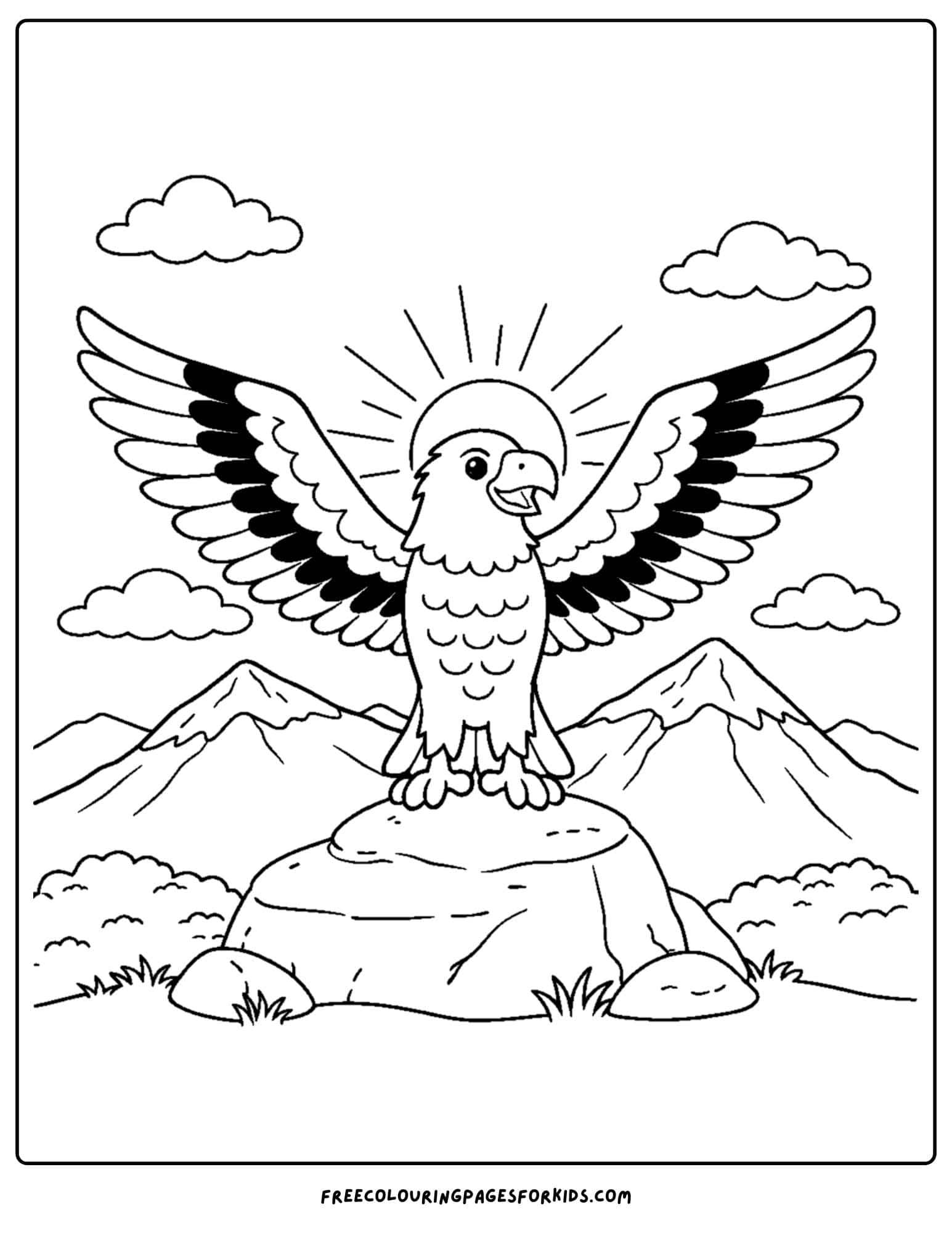 an eagle coloring page showing an eagle sunning itself with wings spread out