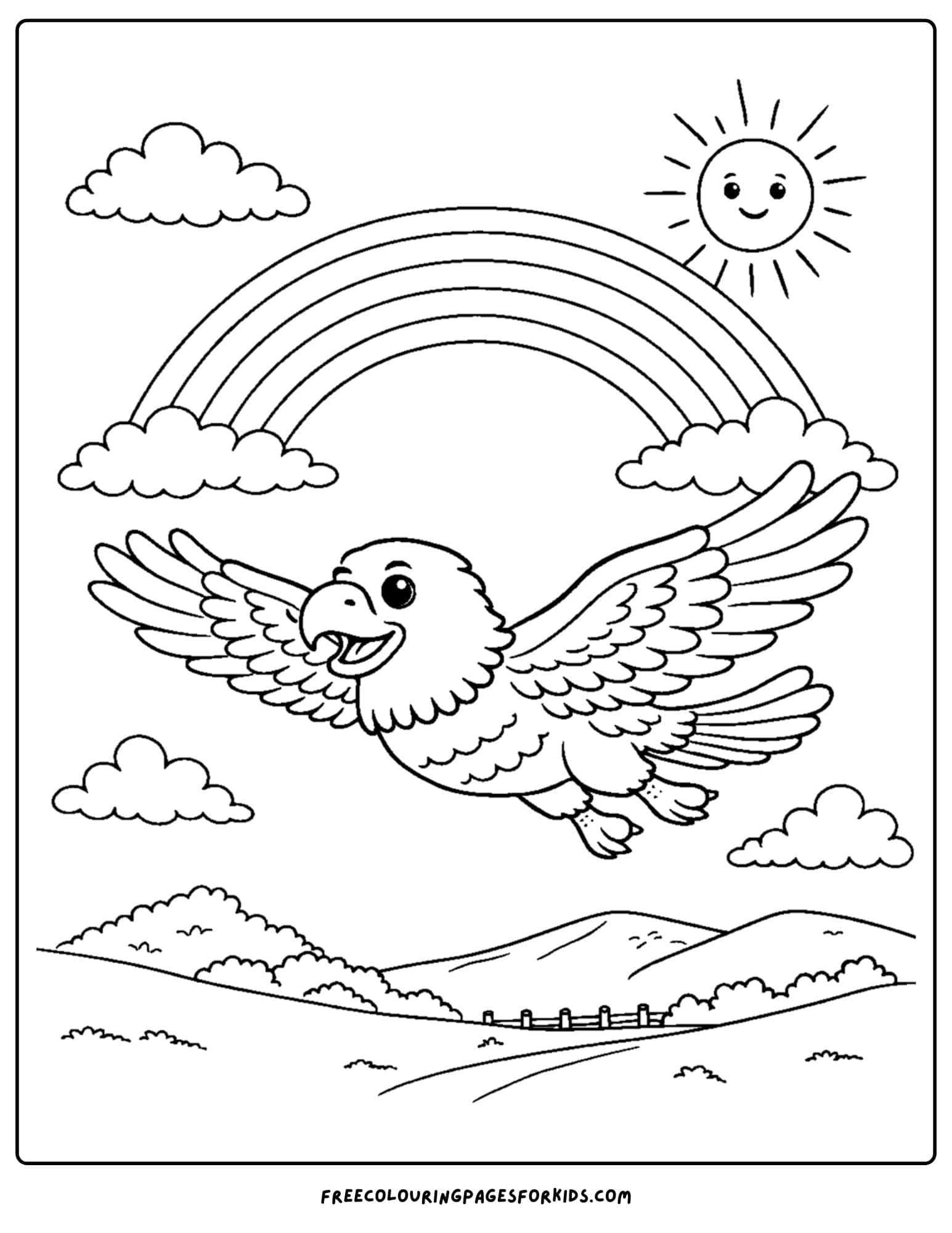 an eagle coloring page showing an eagle flying under a rainbow