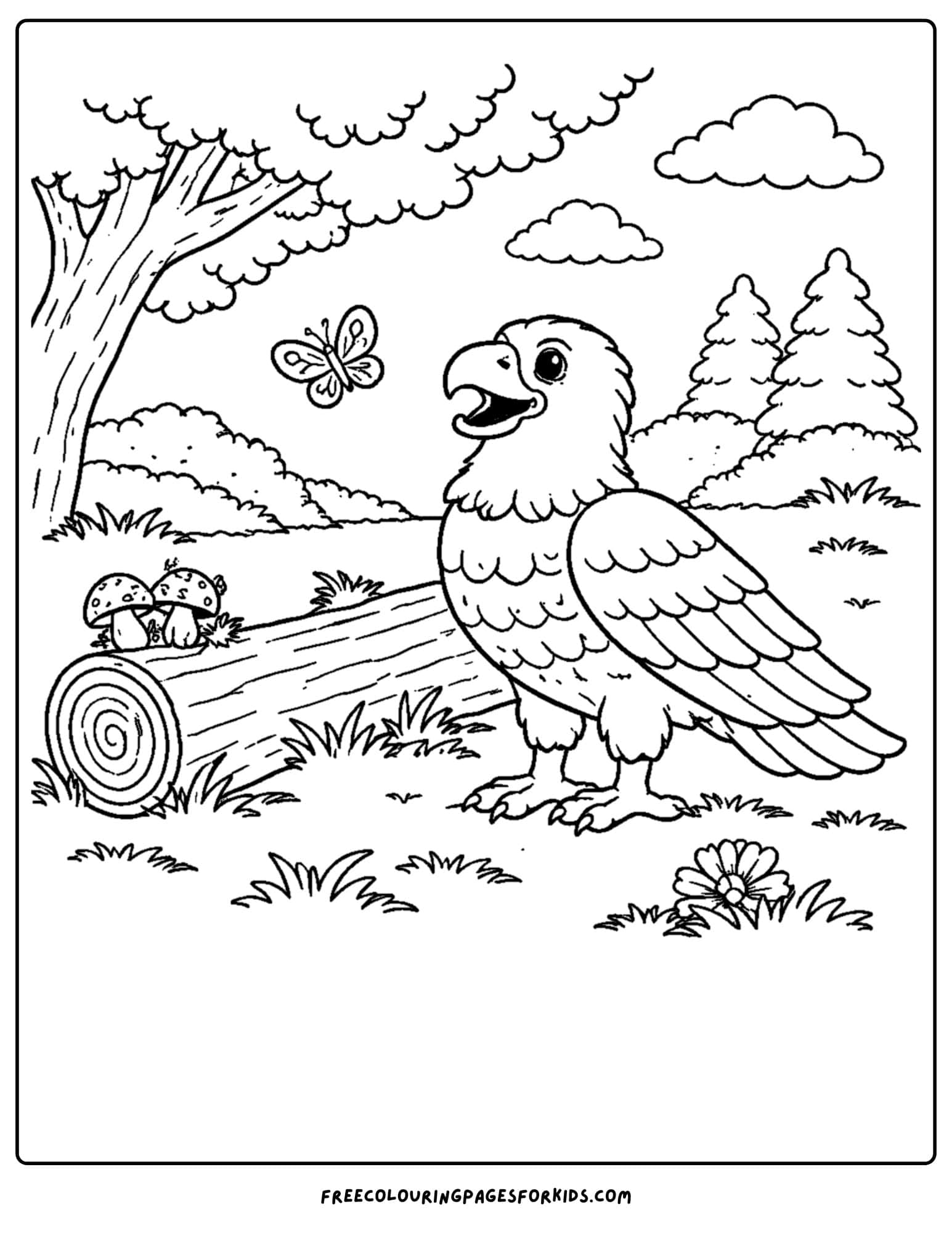 an eagle coloring page showing an eagle standing beside a log in a forest
