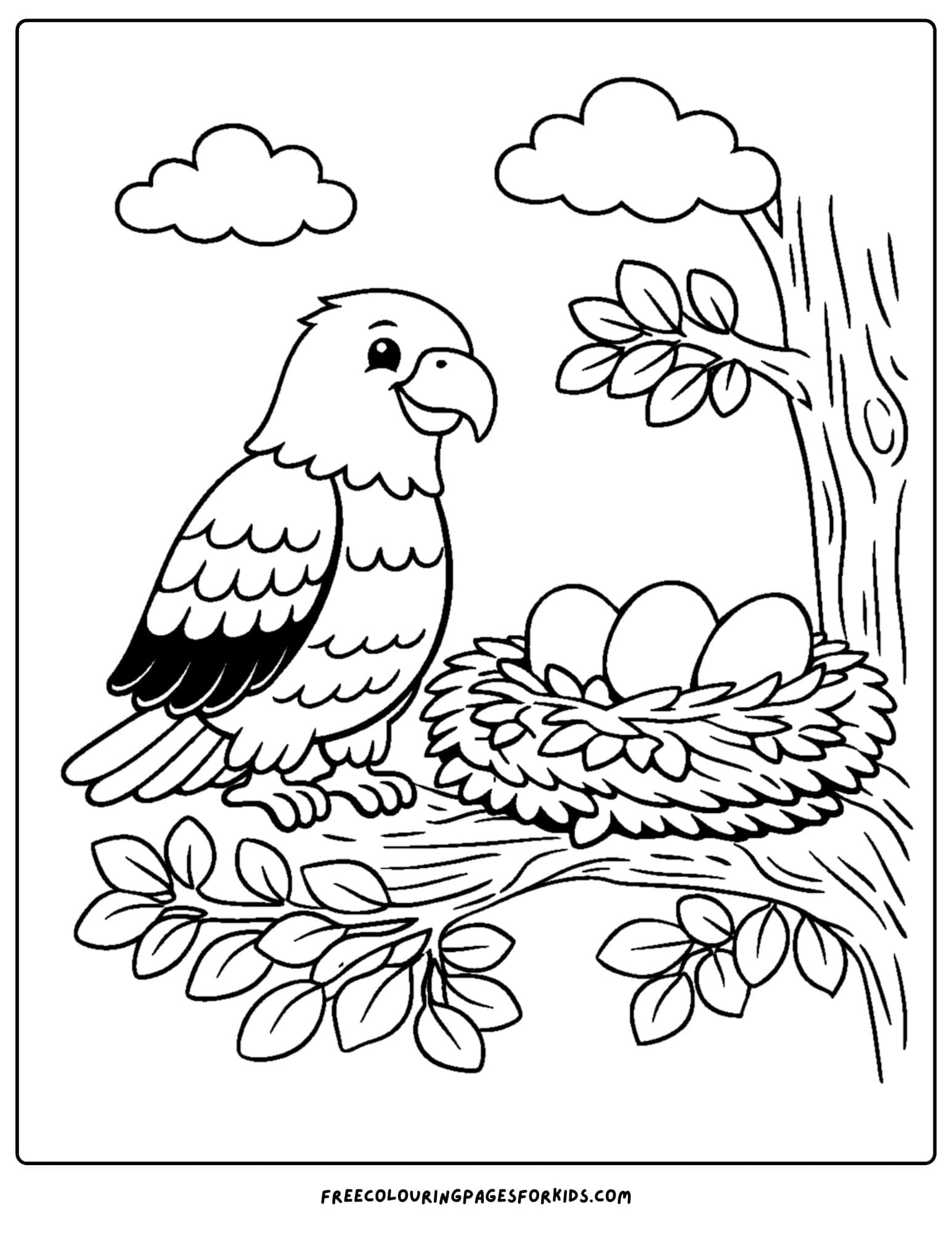 an eagle coloring page showing an eagle watching over a nest with eggs in it