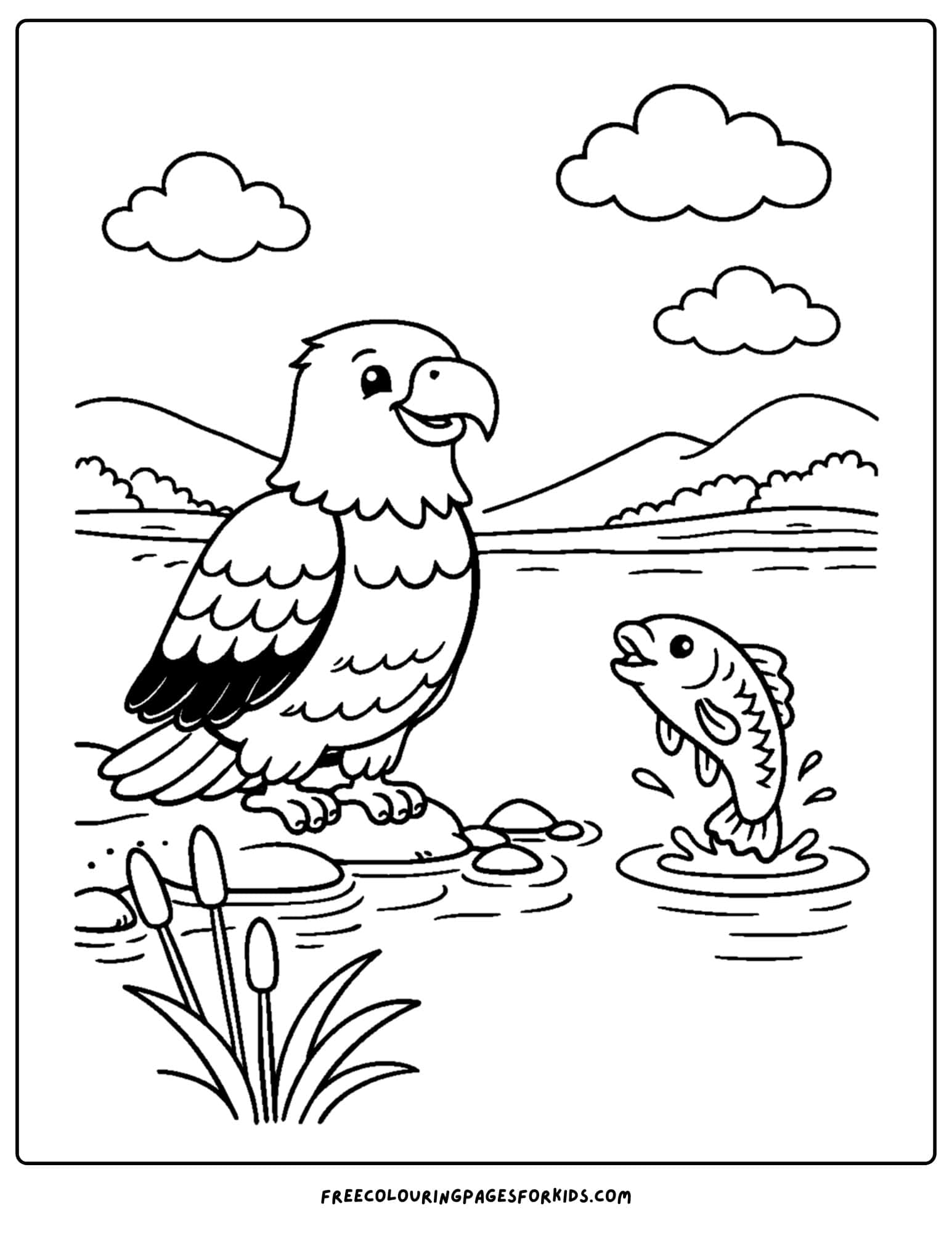an eagle coloring page showing an eagle watch a fish jumping from the lake