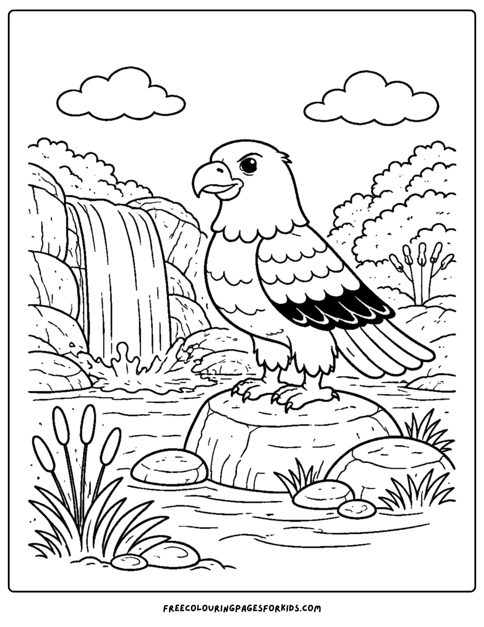 an eagle coloring page showing an eagle sitting by a waterfall