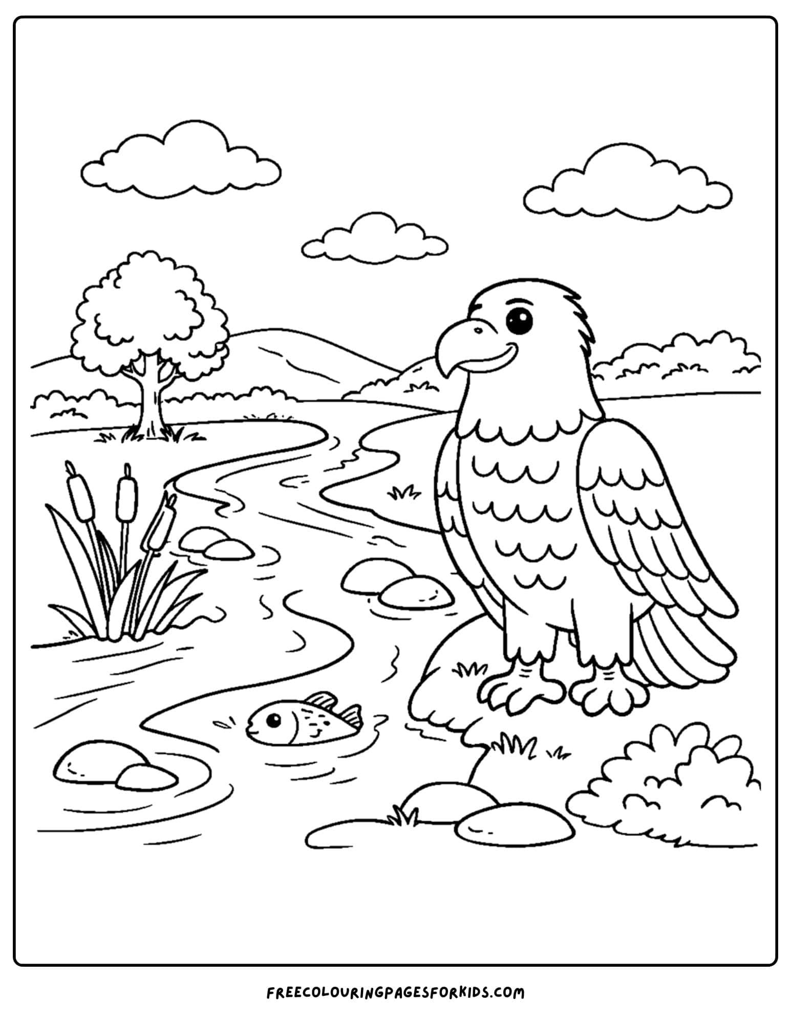 an eagle coloring page showing an eagle by a winding river