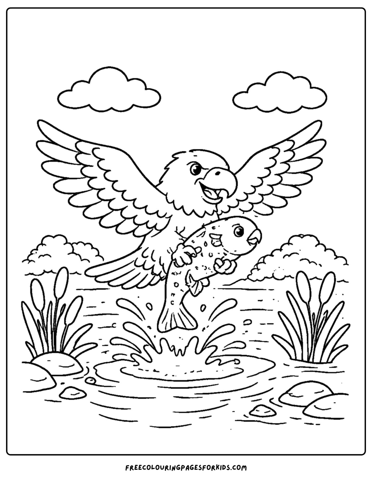 an eagle coloring page showing an eagle catching a fish in the river
