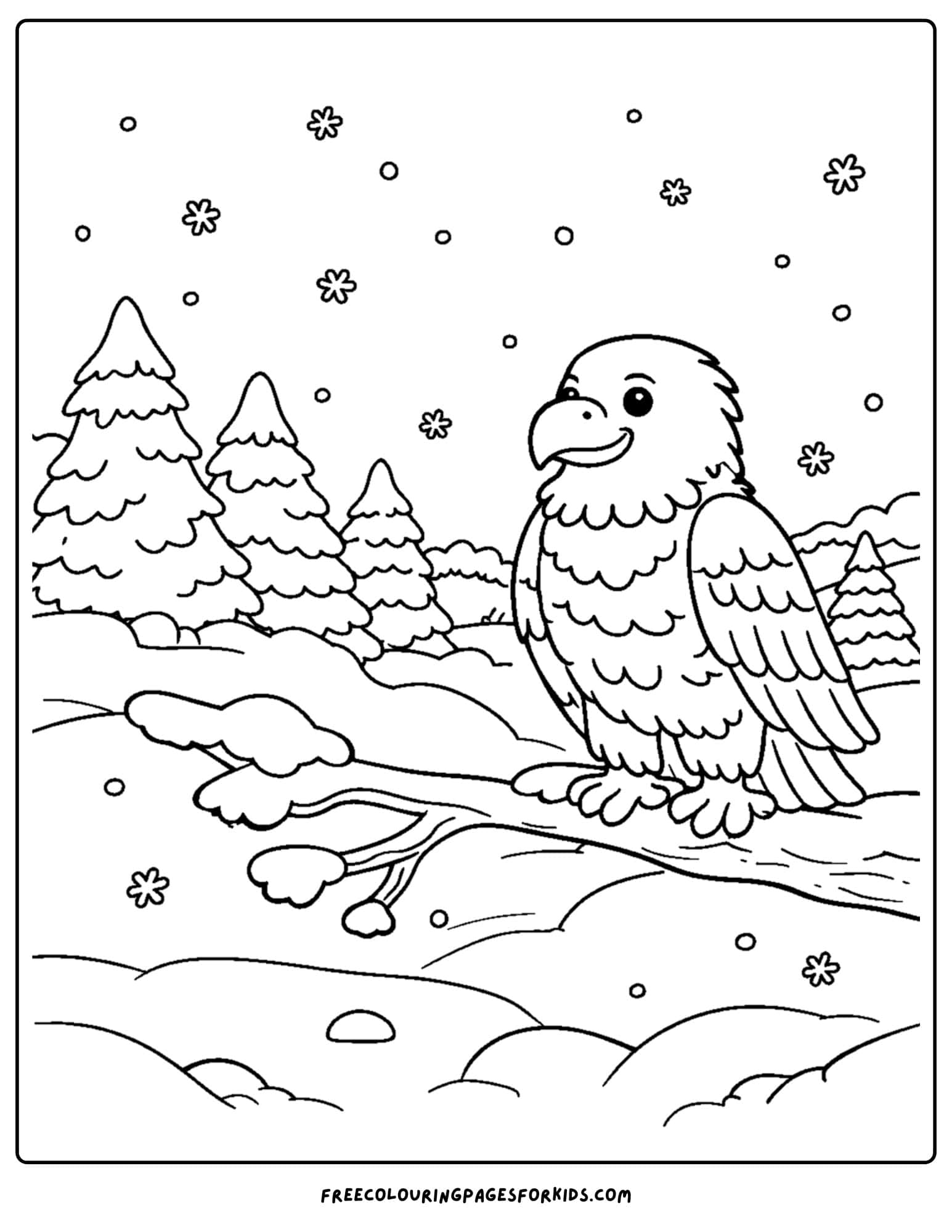 an eagle coloring page showing an eagle in a snowy scene
