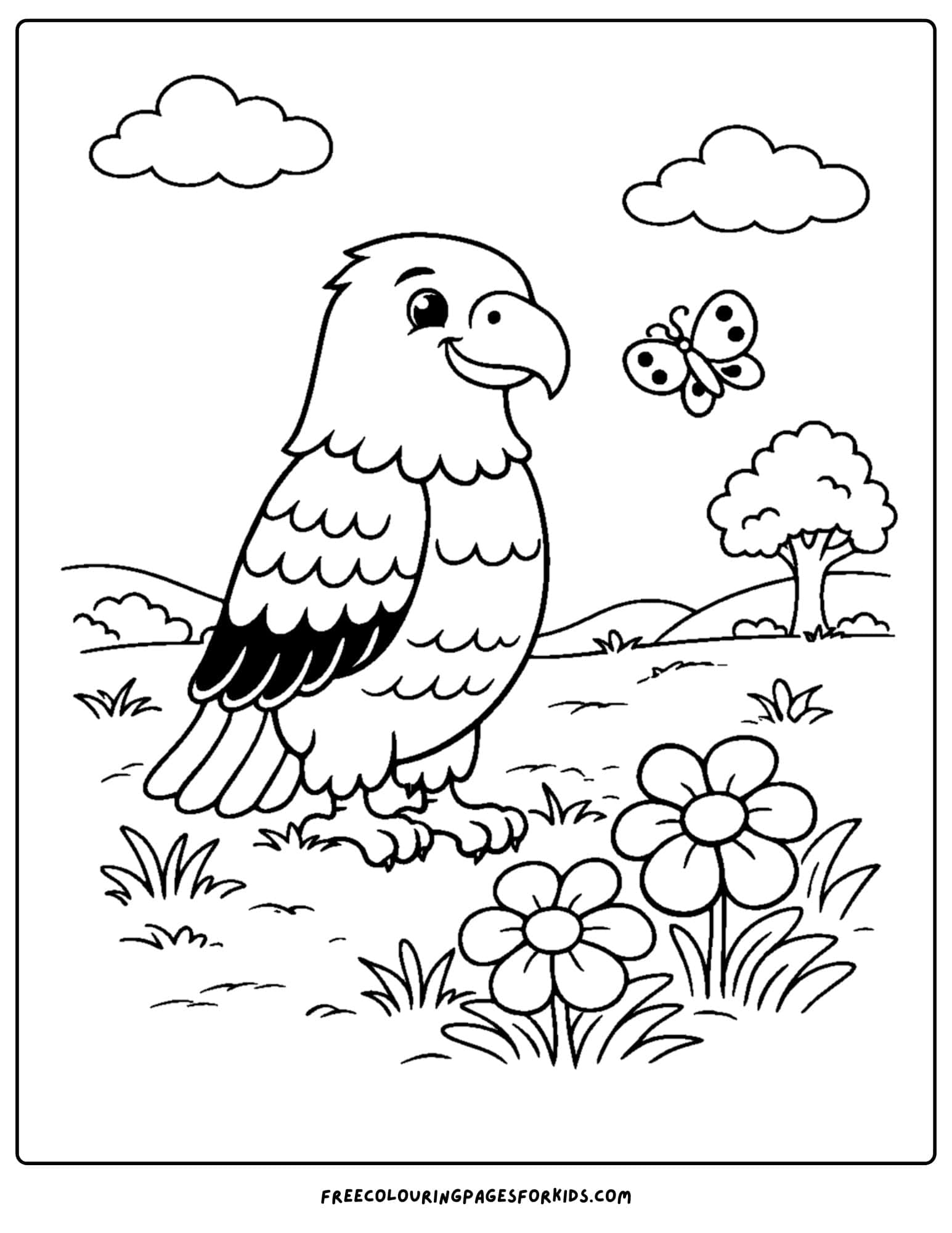 an eagle coloring page showing an eagle in a meadow