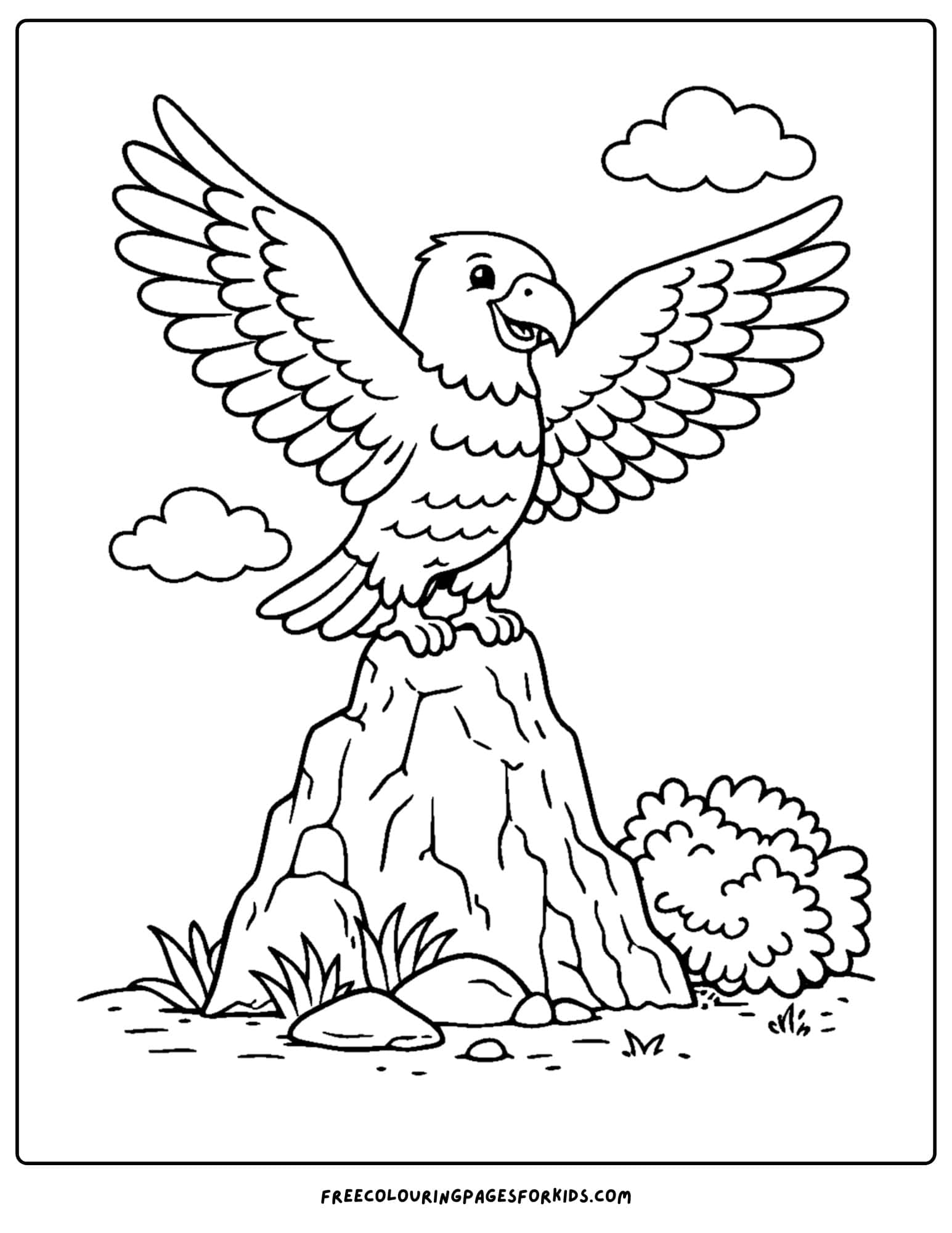 an eagle coloring page showing an eagle landing on a big rock