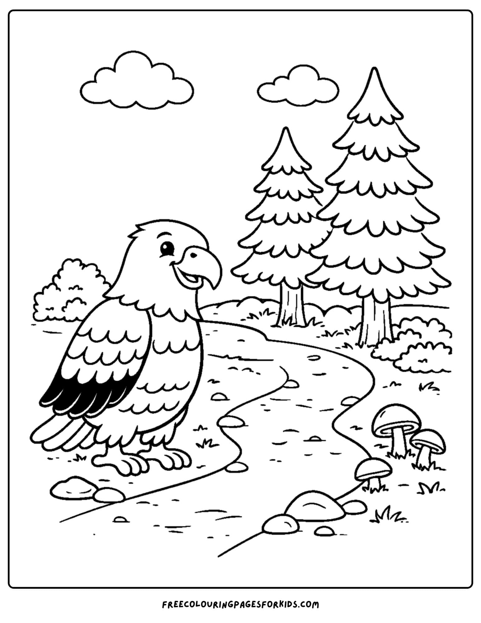 an eagle coloring page showing an eagle near a forest path
