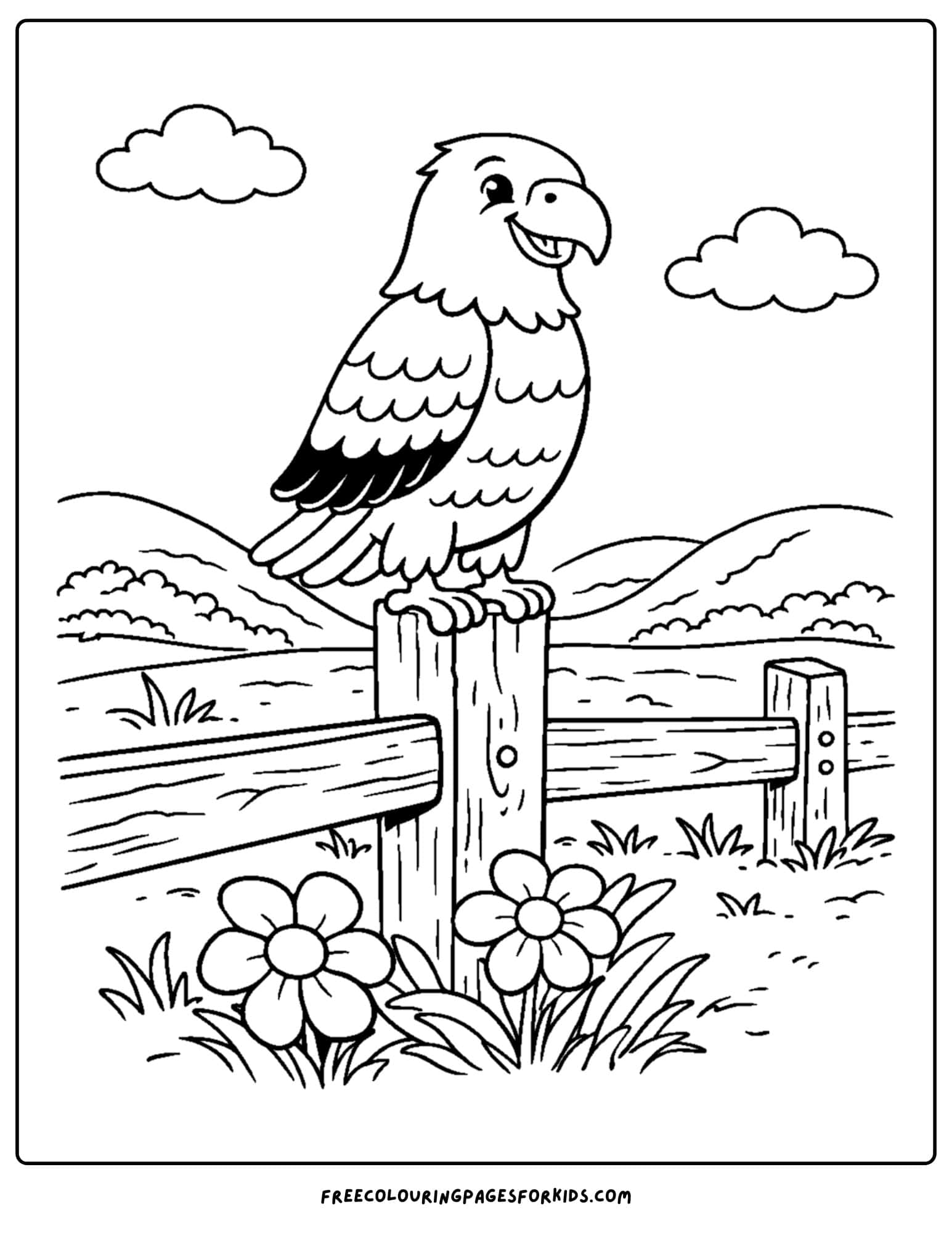 an eagle coloring page showing an eagle perched on a fence post