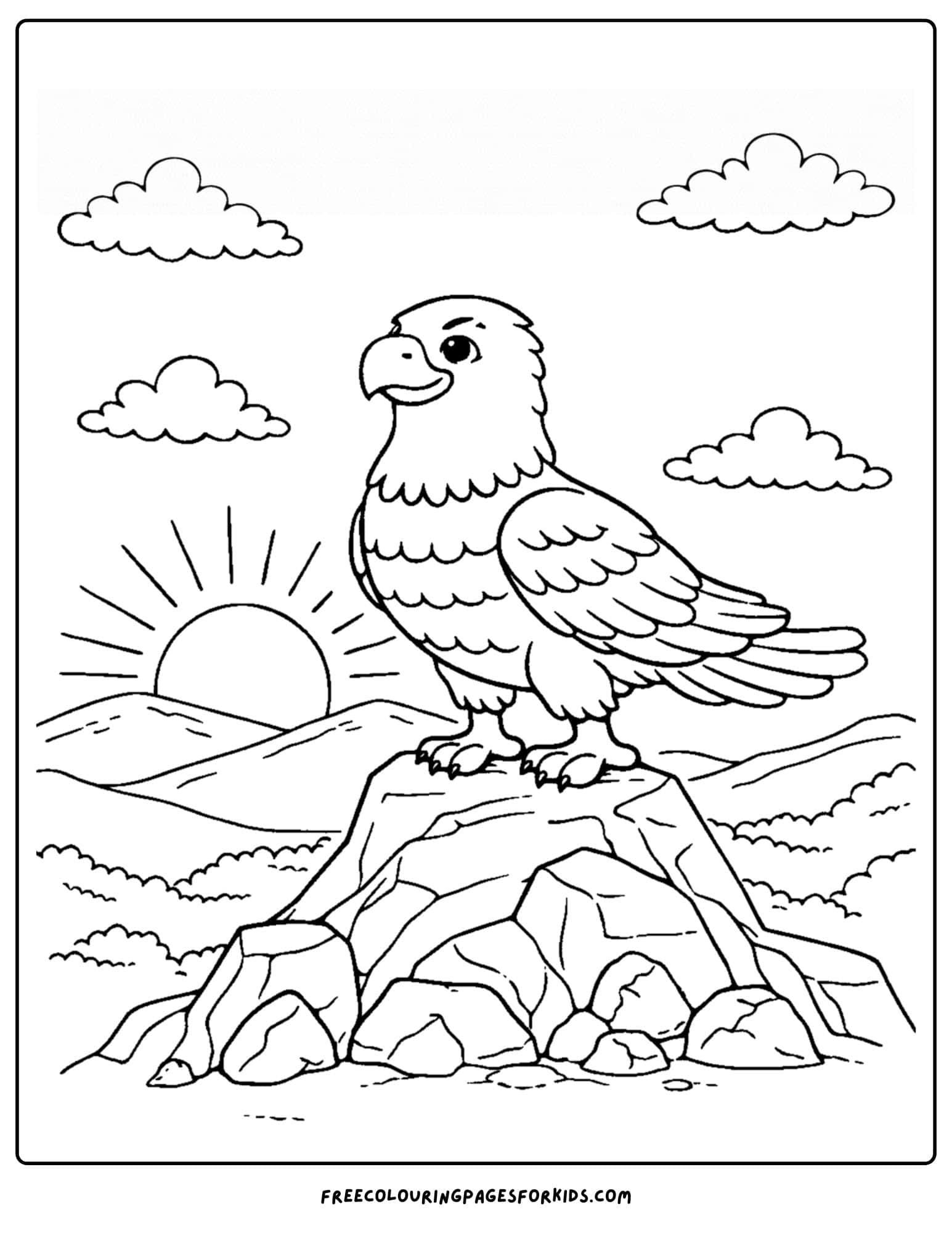 an eagle coloring page showing an eagle on a mountain peak at sunrise