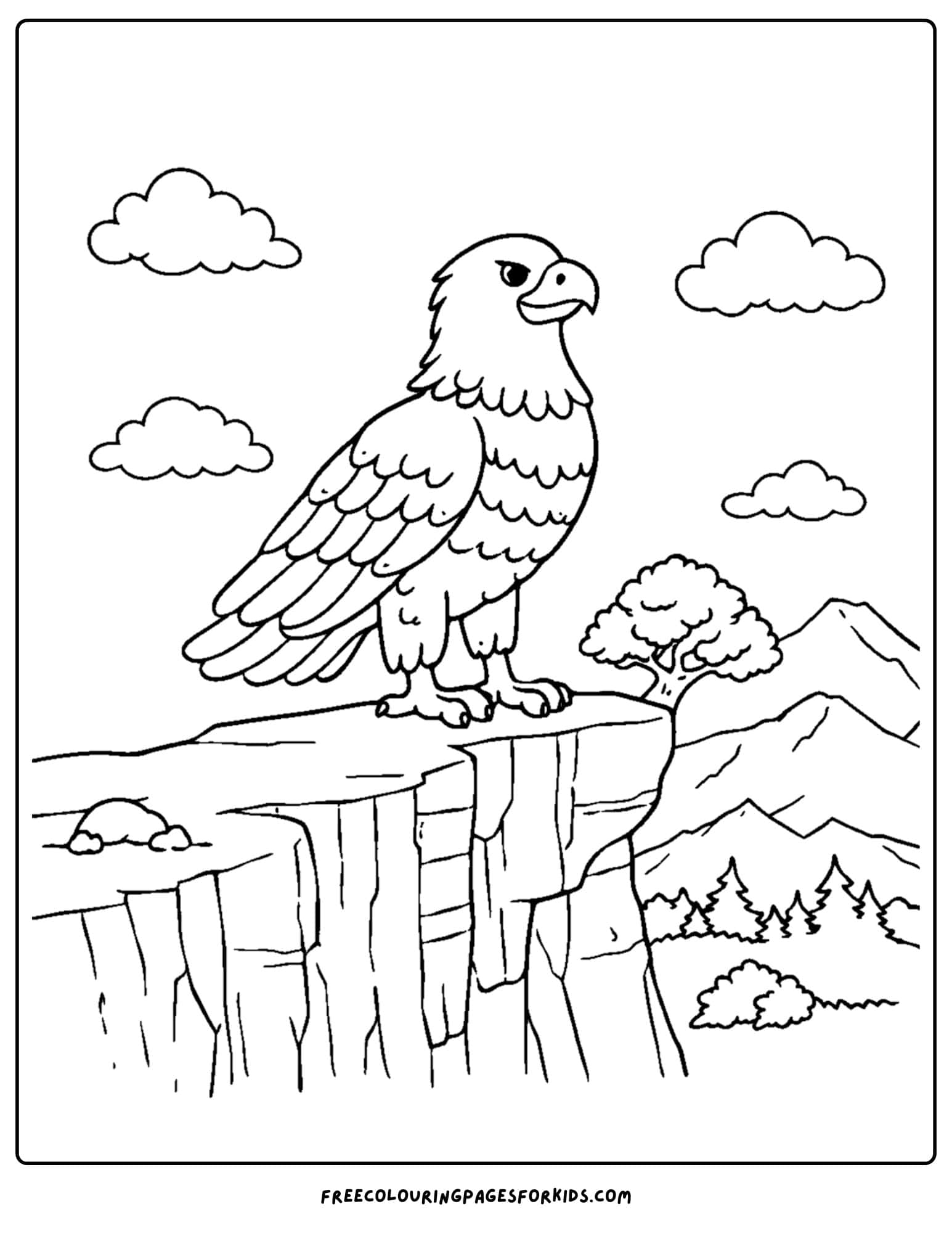 an eagle coloring page showing an eagle perched on a cliff edge