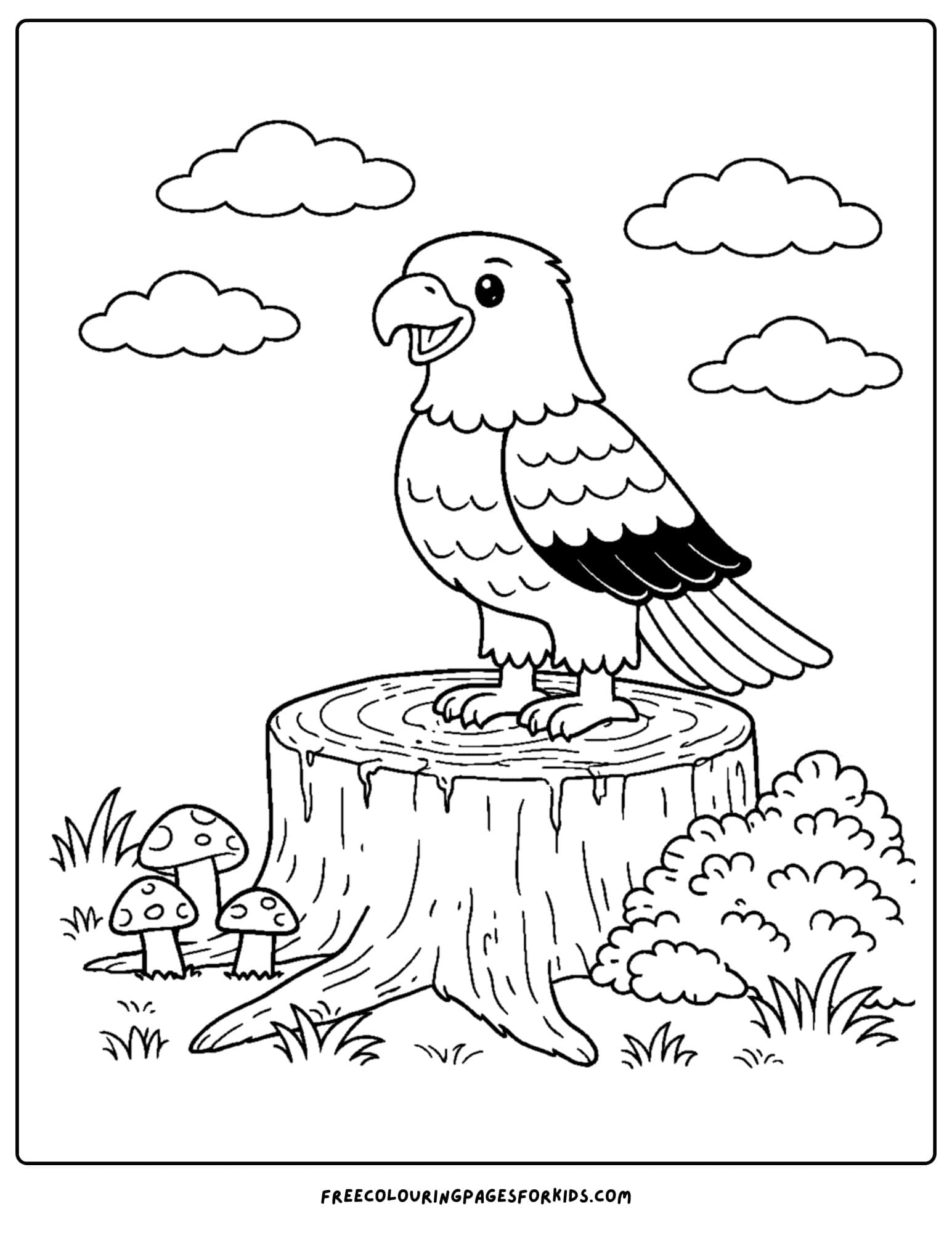 an eagle coloring page showing an eagle sitting on a tree stump