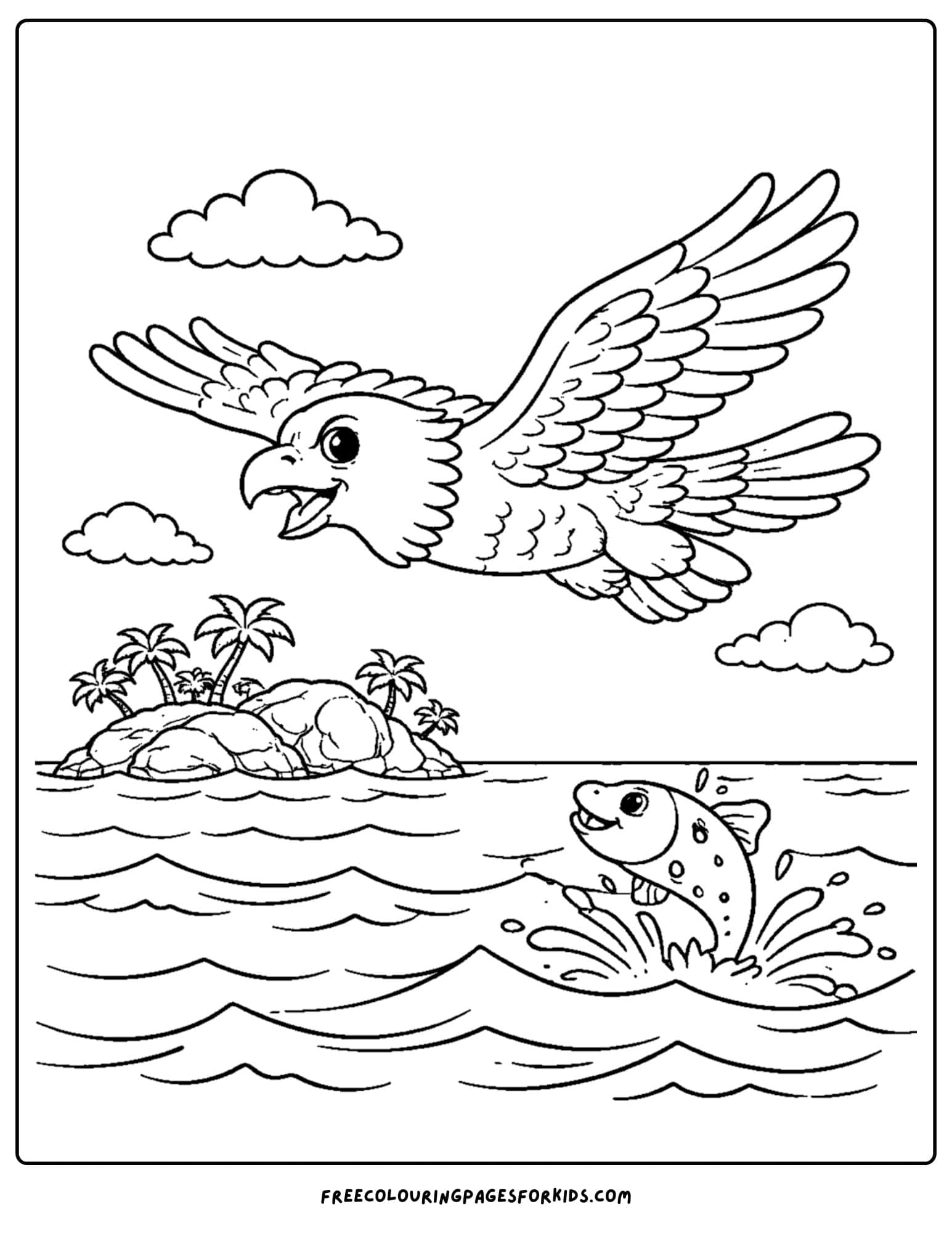 an eagle coloring page showing an eagle soaring over ocean waves