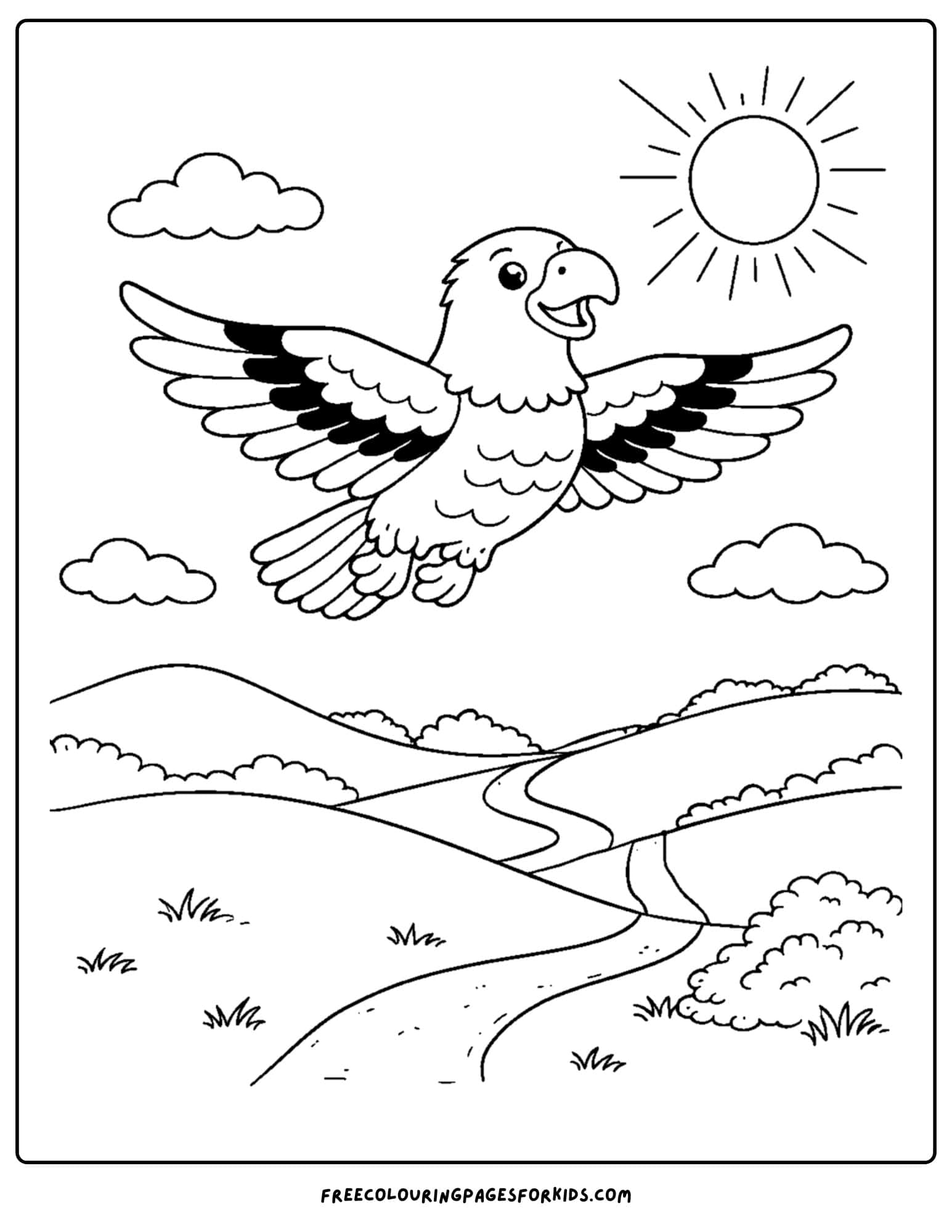 an eagle coloring page showing an eagle flying over rolling hills