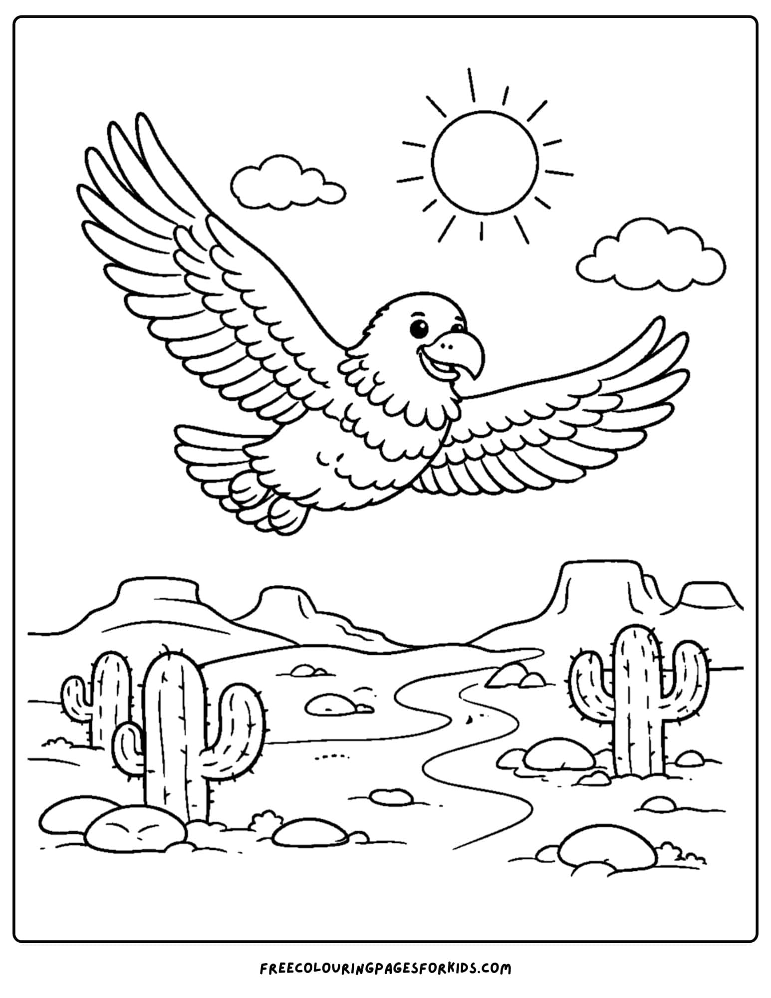 an eagle coloring page showing an eagle soaring over a desert landscape