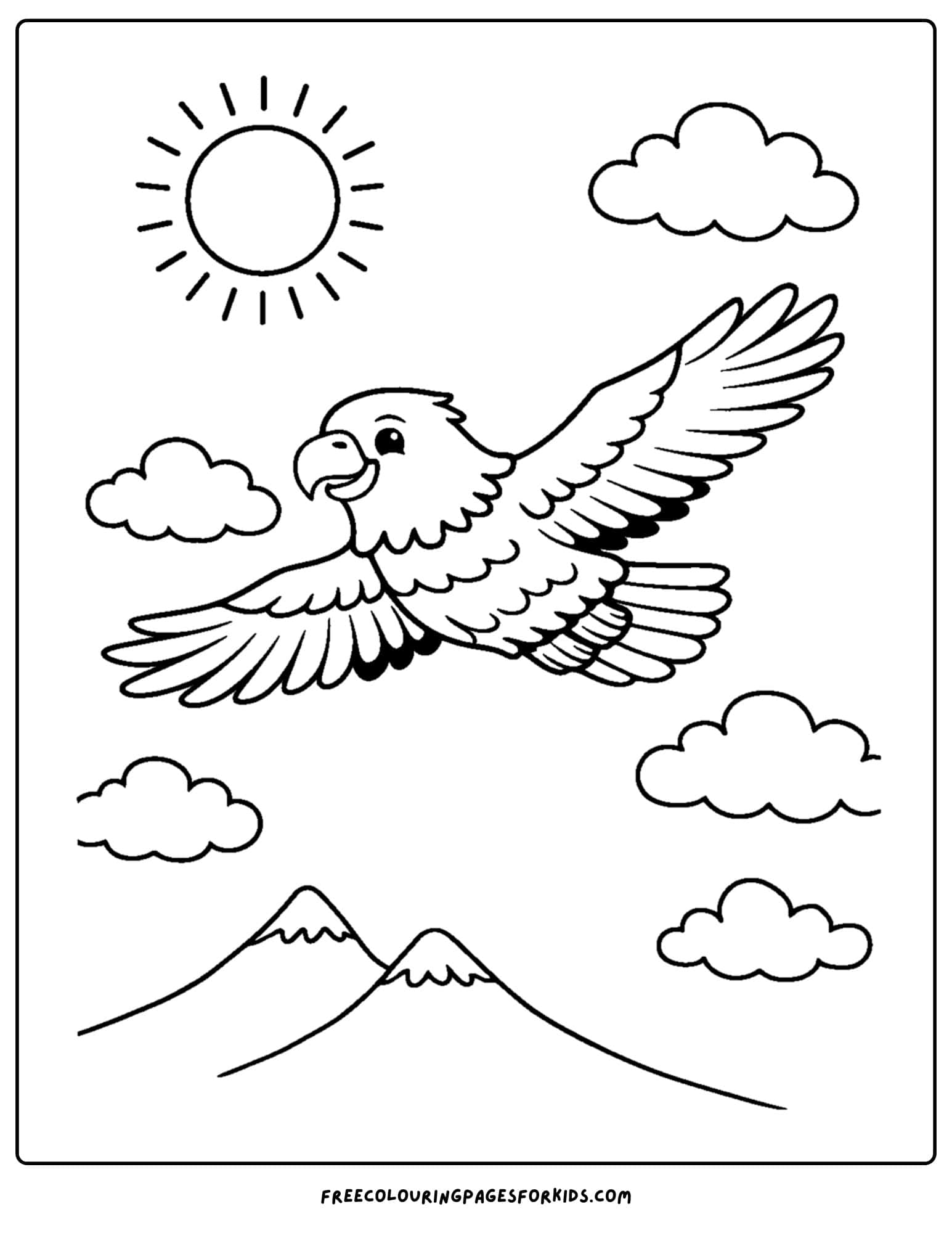 an eagle coloring page showing an eagle soaring in the sky