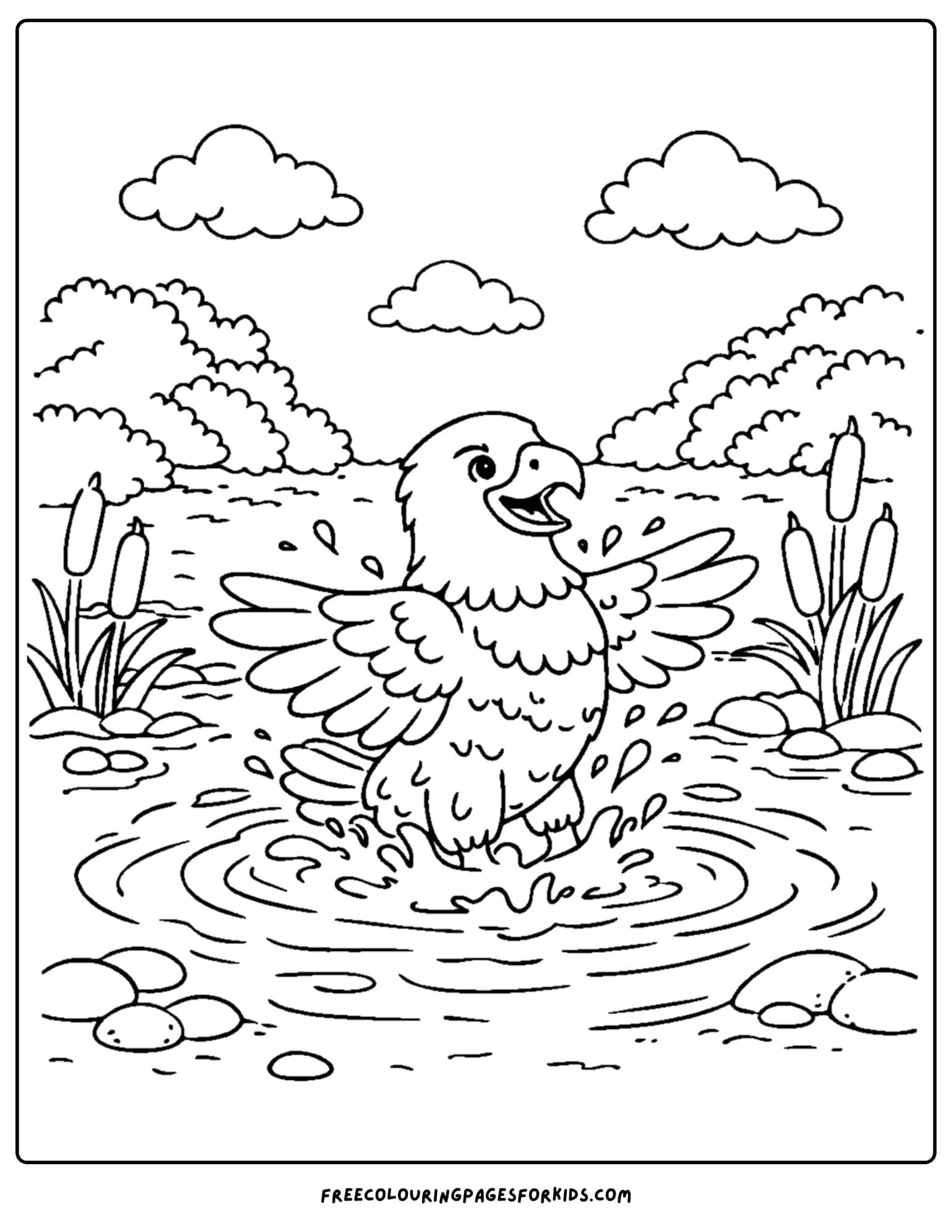 an eagle coloring page showing an eagle splashing in a stream