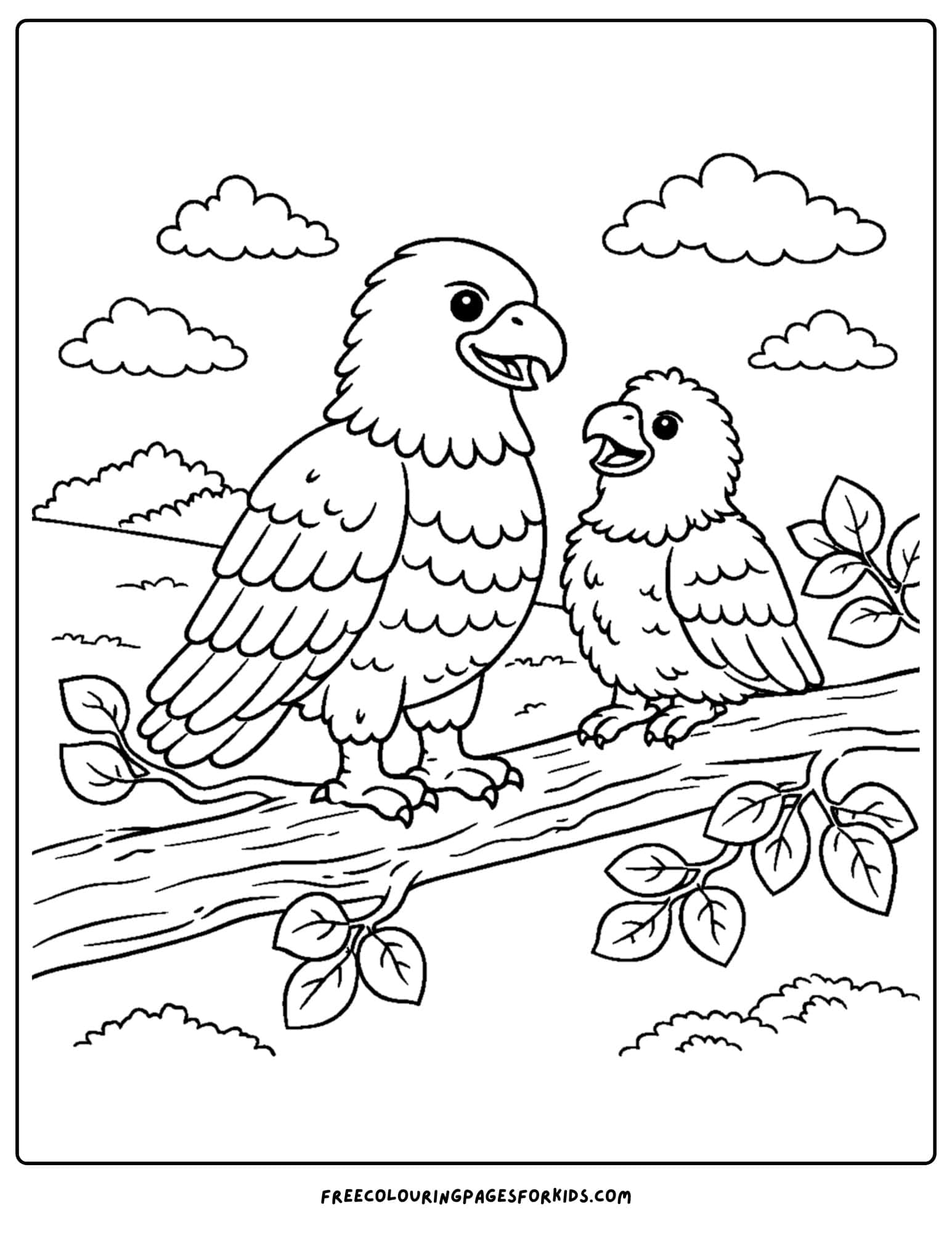 an eagle coloring page showing an eagle and a young eagle on a branch