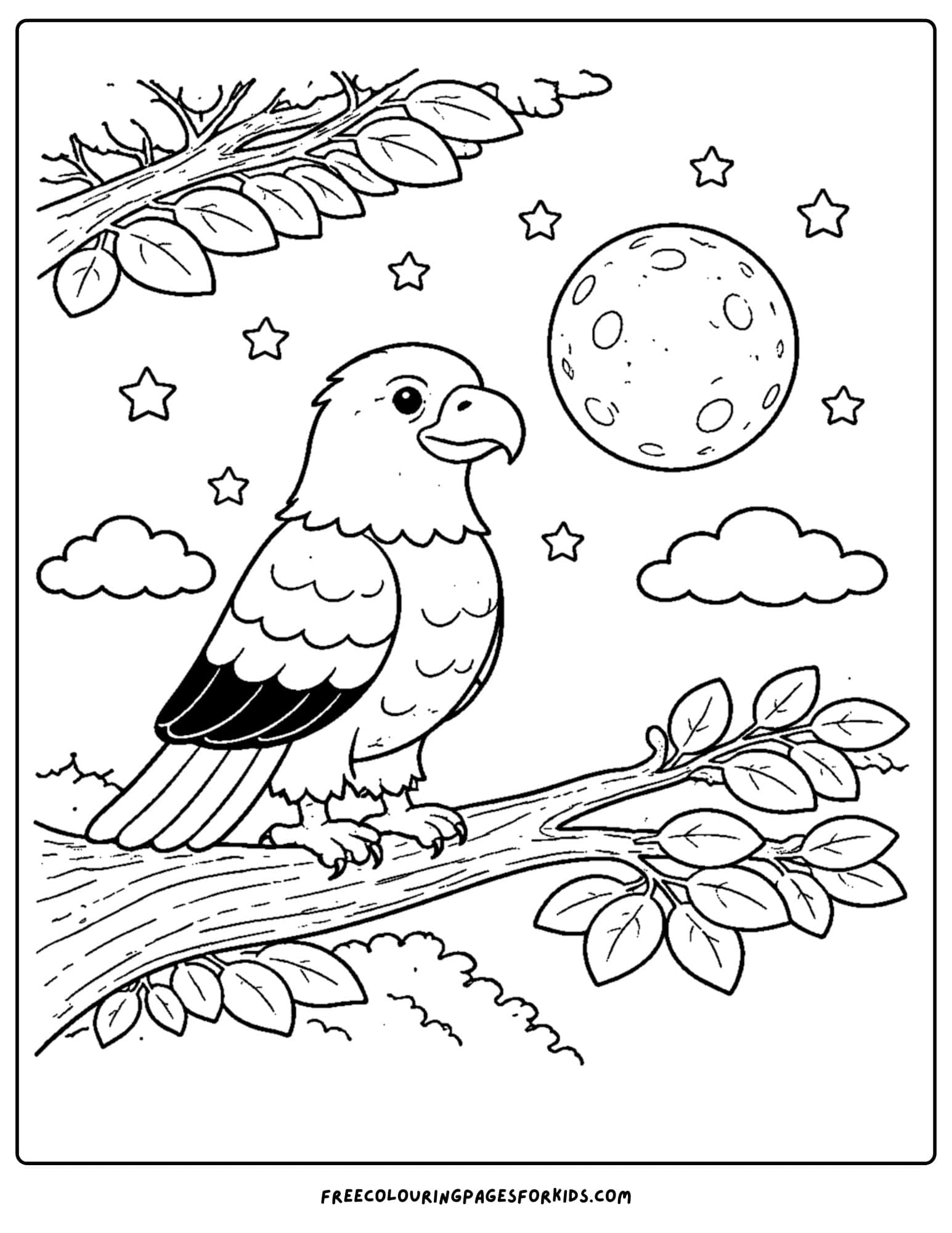 an eagle coloring page showing an eagle sitting on a tree branch under the moon