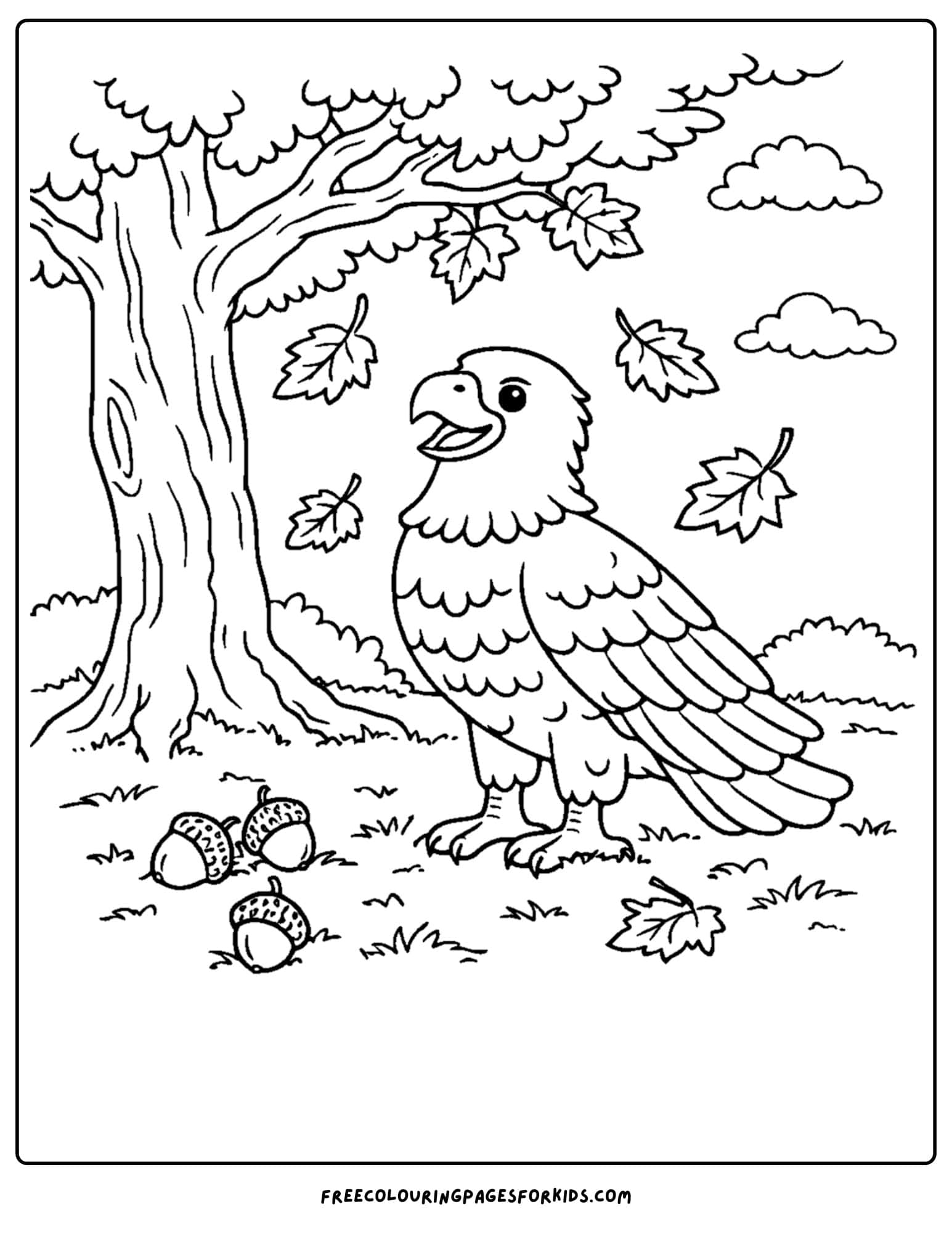 an eagle coloring page showing an eagle looking up at falling fall leaves