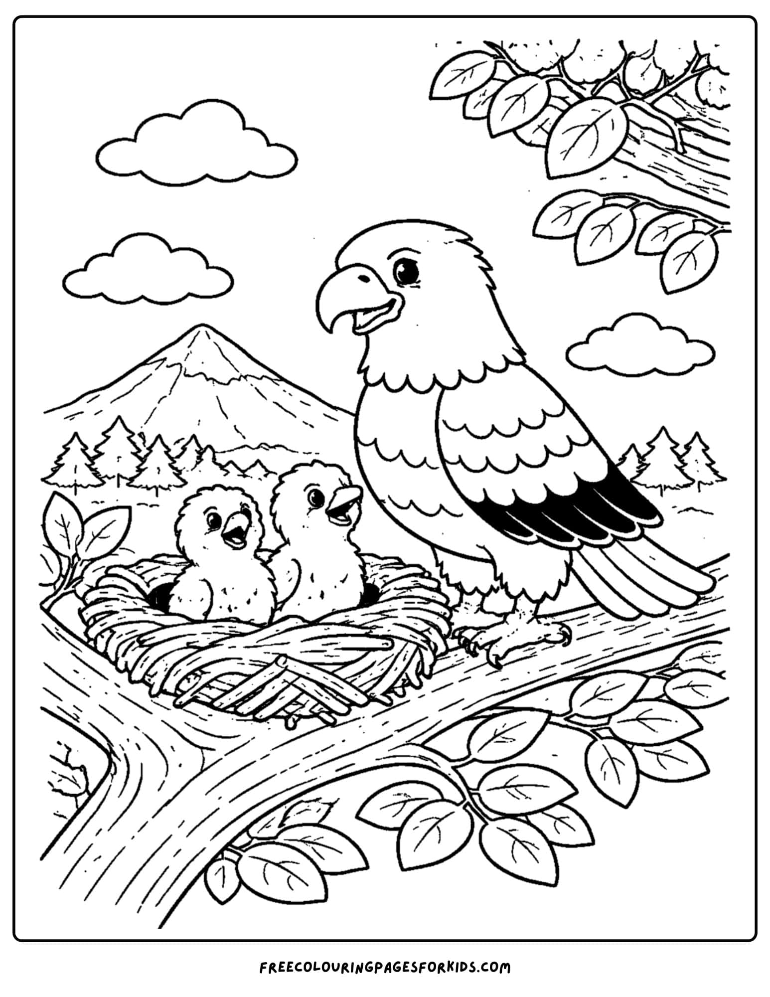 an eagle coloring page showing an eagle with a nest and baby eagles in it