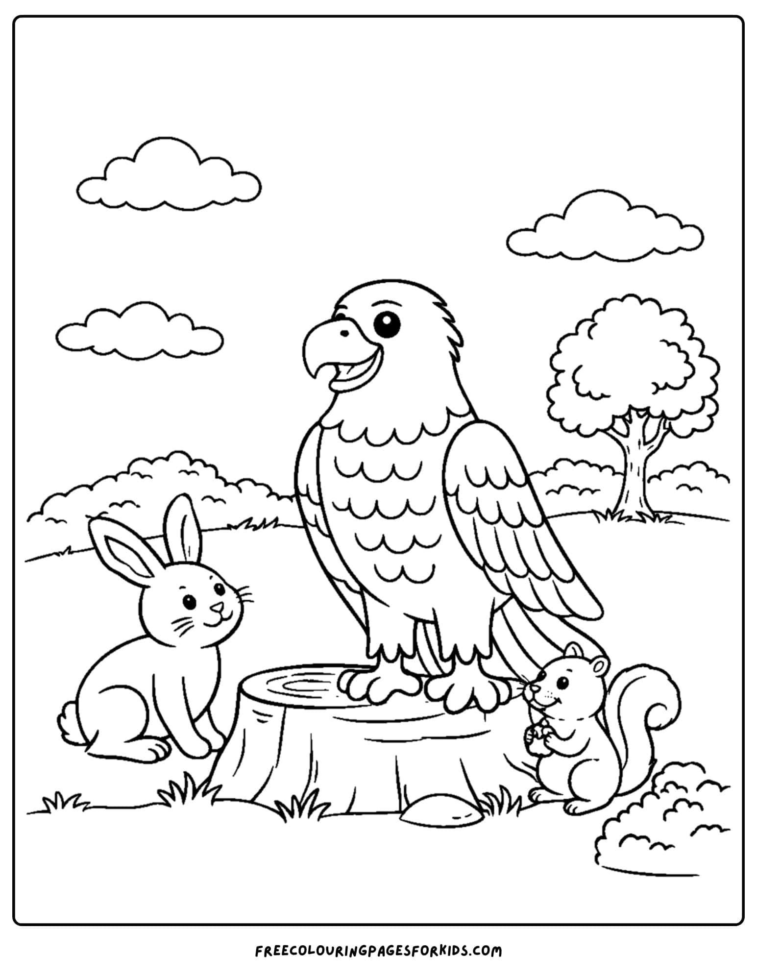 an eagle coloring page showing an eagle sitting on a tree stump with woodland animals around