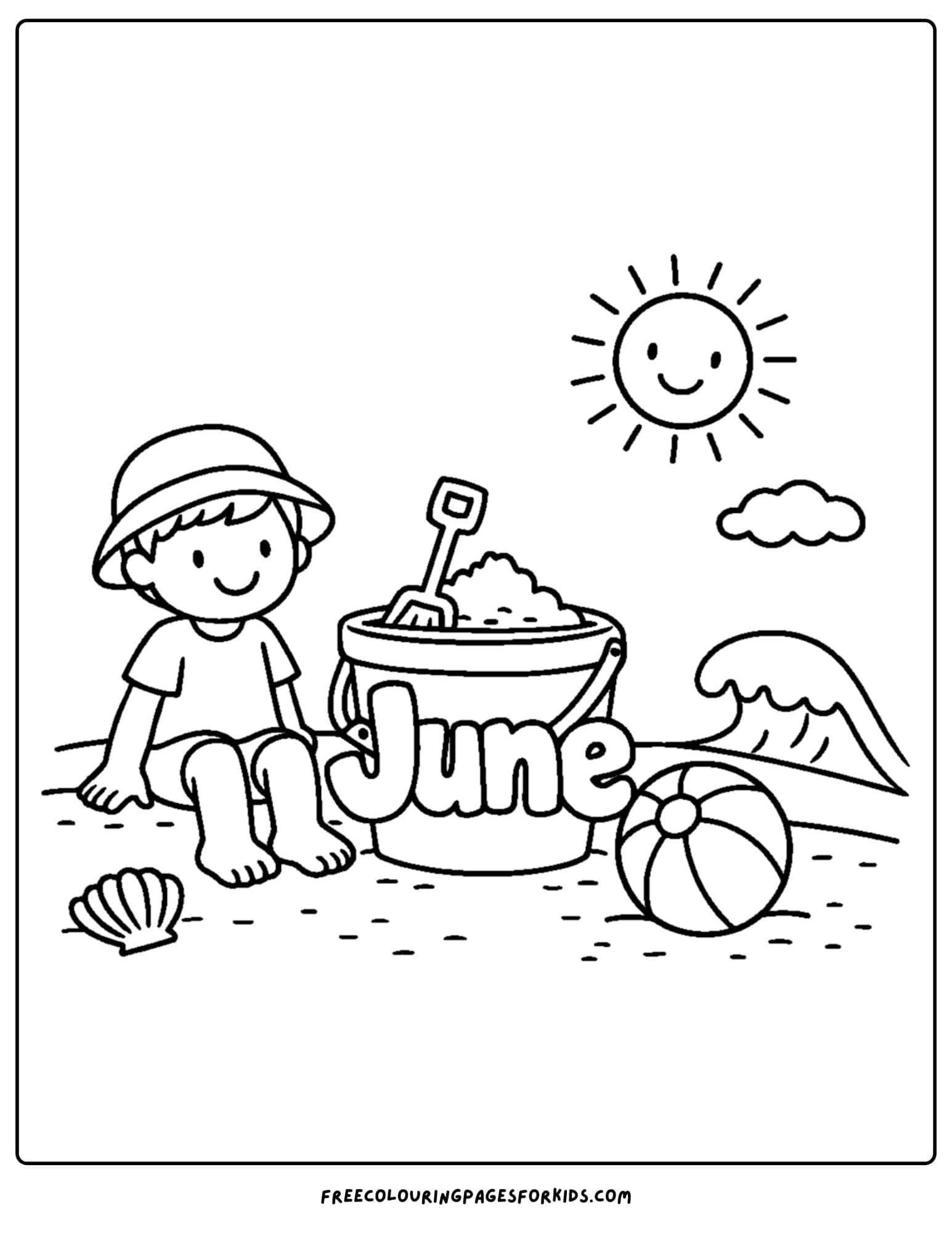 a coloring page for june showing a child playing on the beach filling a bucket with sand