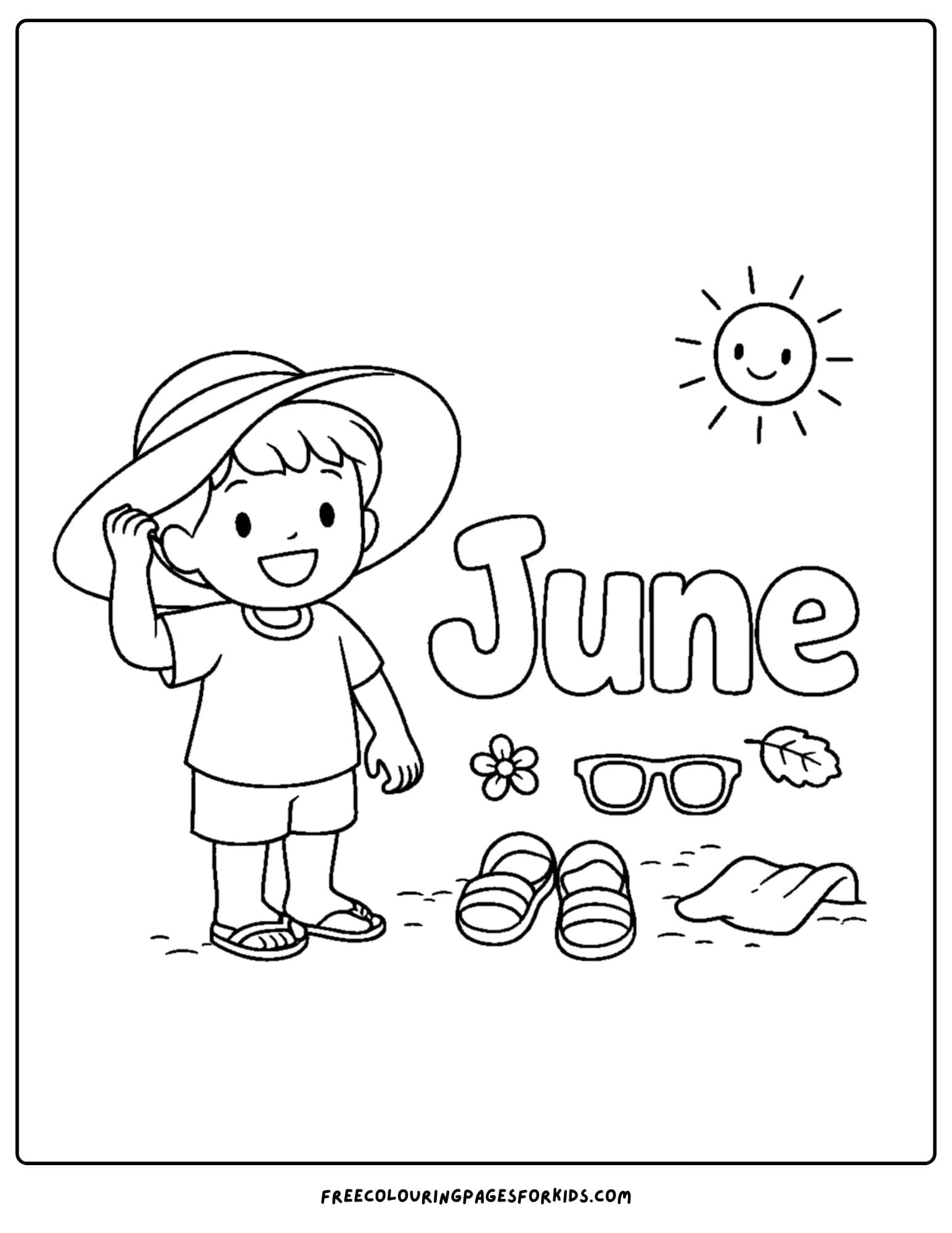 a coloring page for june showing a child wearing a sun hat and next to beach accessories
