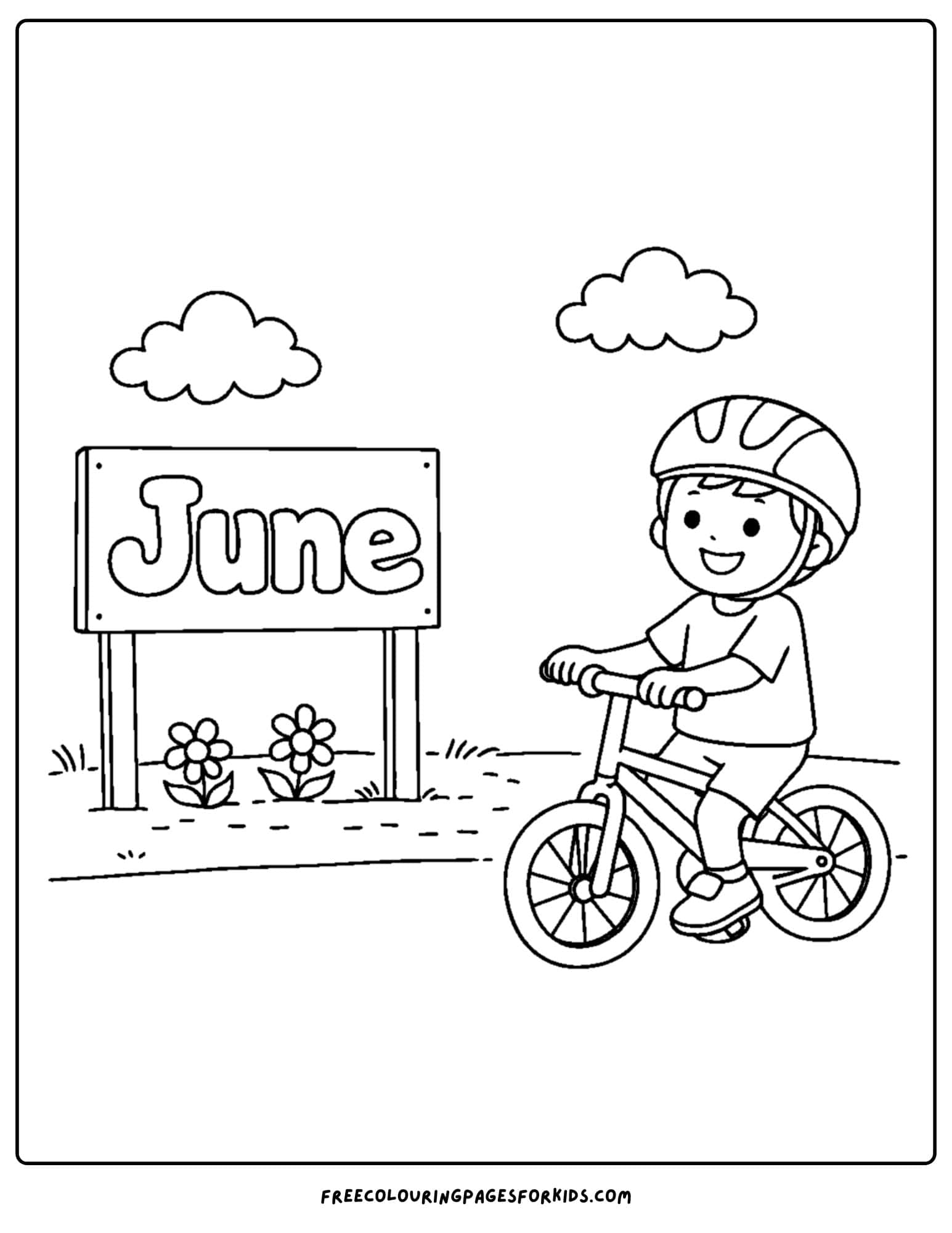 a coloring page for june showing a child riding a bike