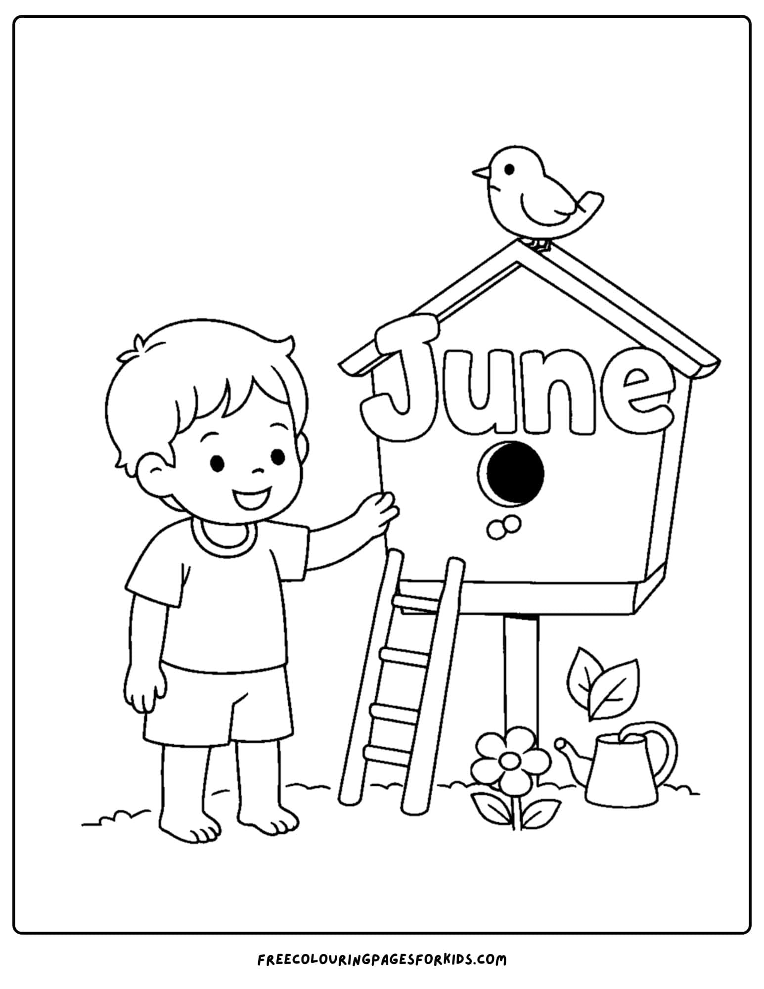 a coloring page for june showing a child standing next to a birdhouse